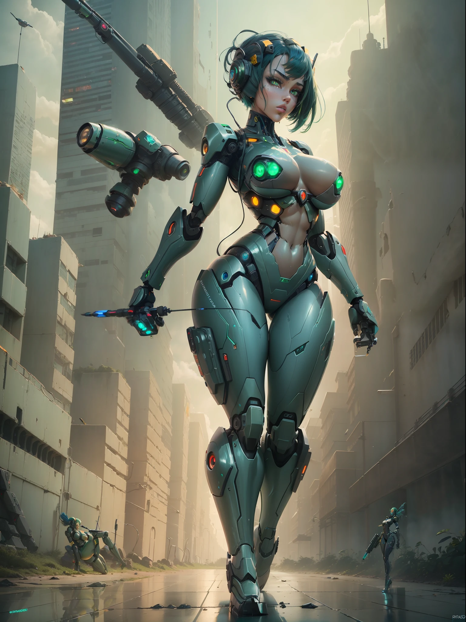 ((Full body):2), (({1/woman – cyborg}):1.5). Only {1/woman, cyborg}:((she has a semi human half machine half human body, is wearing a futuristic black suit extremely tight on her body):1.3). Only {1/woman, cyborg}:((has extremely large breasts):1.3). Only {1/woman – cyborg}:((has very short blue hair, dark green eyes):1.3). Only {1/woman – cyborg}:((stunning sensual poses holding a futuristic sniper rifle standing):1.3). In a futuristic city, it's raining a lot at night, the city is with ((several robots running):1.5) behind Only {1/cyborg woman}. anime, anime style, 16k, high resolution, ((best quality, high detail: 1.5)), UHD, ((masterpiece)), cartoon, real, Fantexi