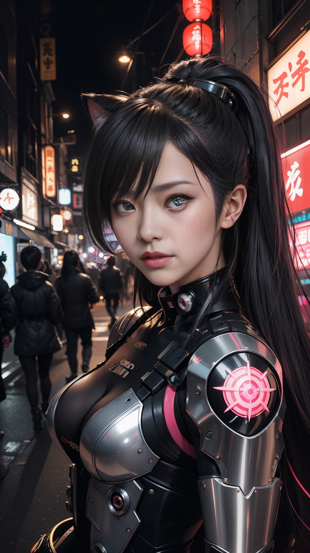 hyperrealistic close-up portrait photograph of Japanese cyberpunk nekomata catgirl in a crowded Japanese street, wearing combat armor, geisha makeup and hairstyle, (((dynamic pose))), insane details, detailed designs, glowing colorful circuitry, colorful neon trim, cinematic lighting, rim lighting, f/2.8, art by H.R. Giger, Greg Rutowski