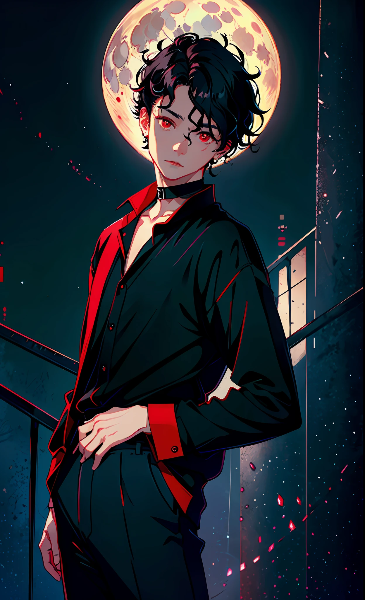 (best quality, masterpiece), portrait, 1 boy, alone, (black hair, short and wavy), (red eyes), black choker, black long-sleeved blouse and black long pants, with both hands in pockets (night background, full moon)