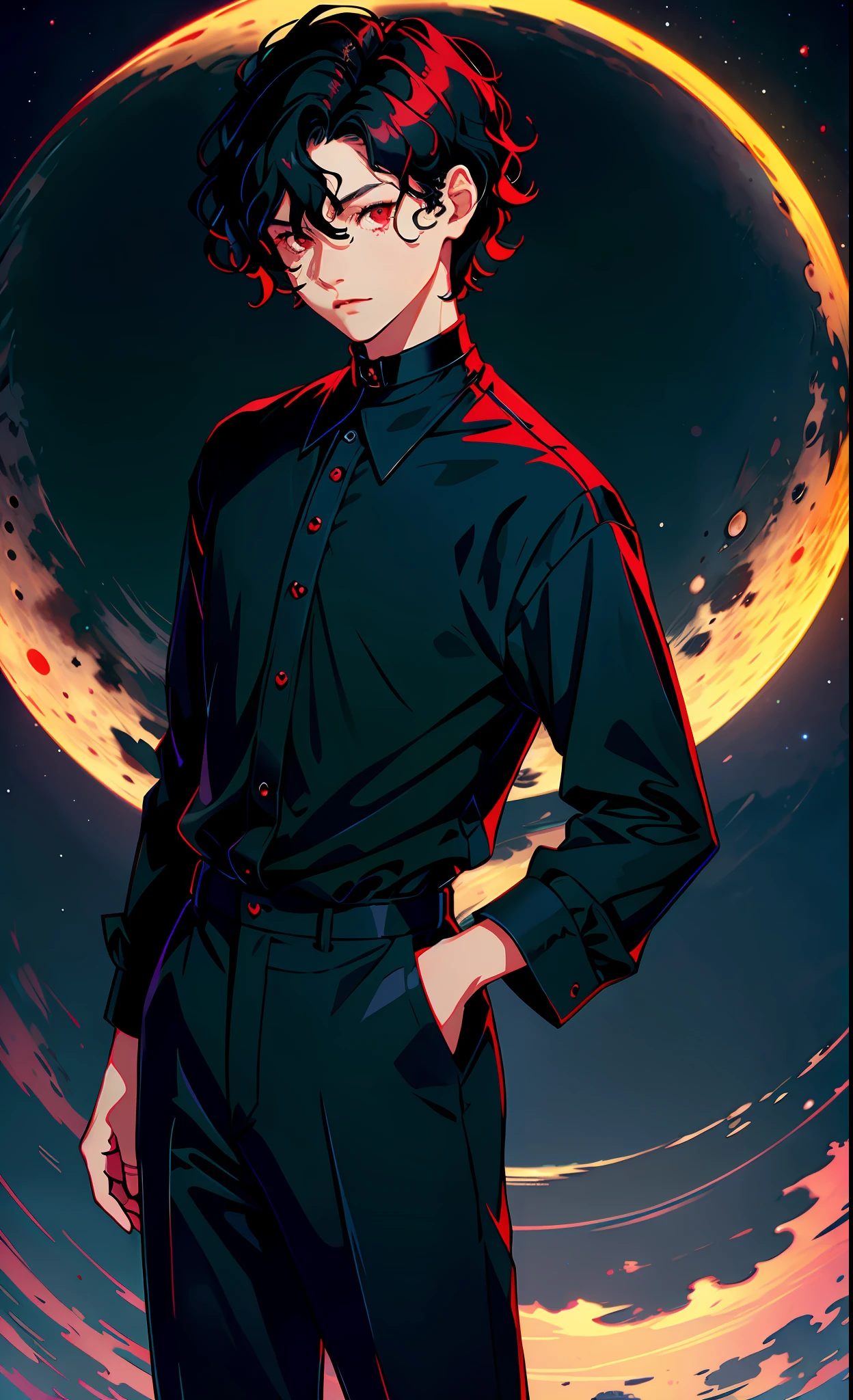 (best quality, masterpiece), portrait, 1 boy, alone, (black hair, short and wavy), (red eyes), black choker, black long-sleeved blouse and black long pants, with both hands in pockets (night background, full moon)
