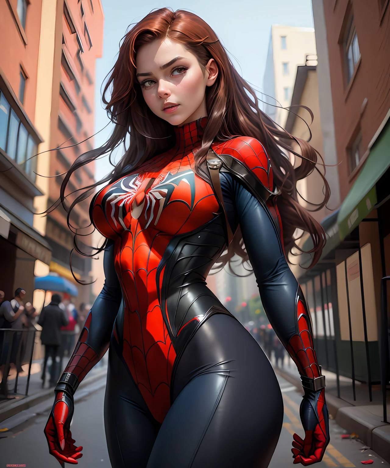Raw foto,Beautiful woman ,detailed the outlined body with Spider-Man cosplay, very large breasts,tits big