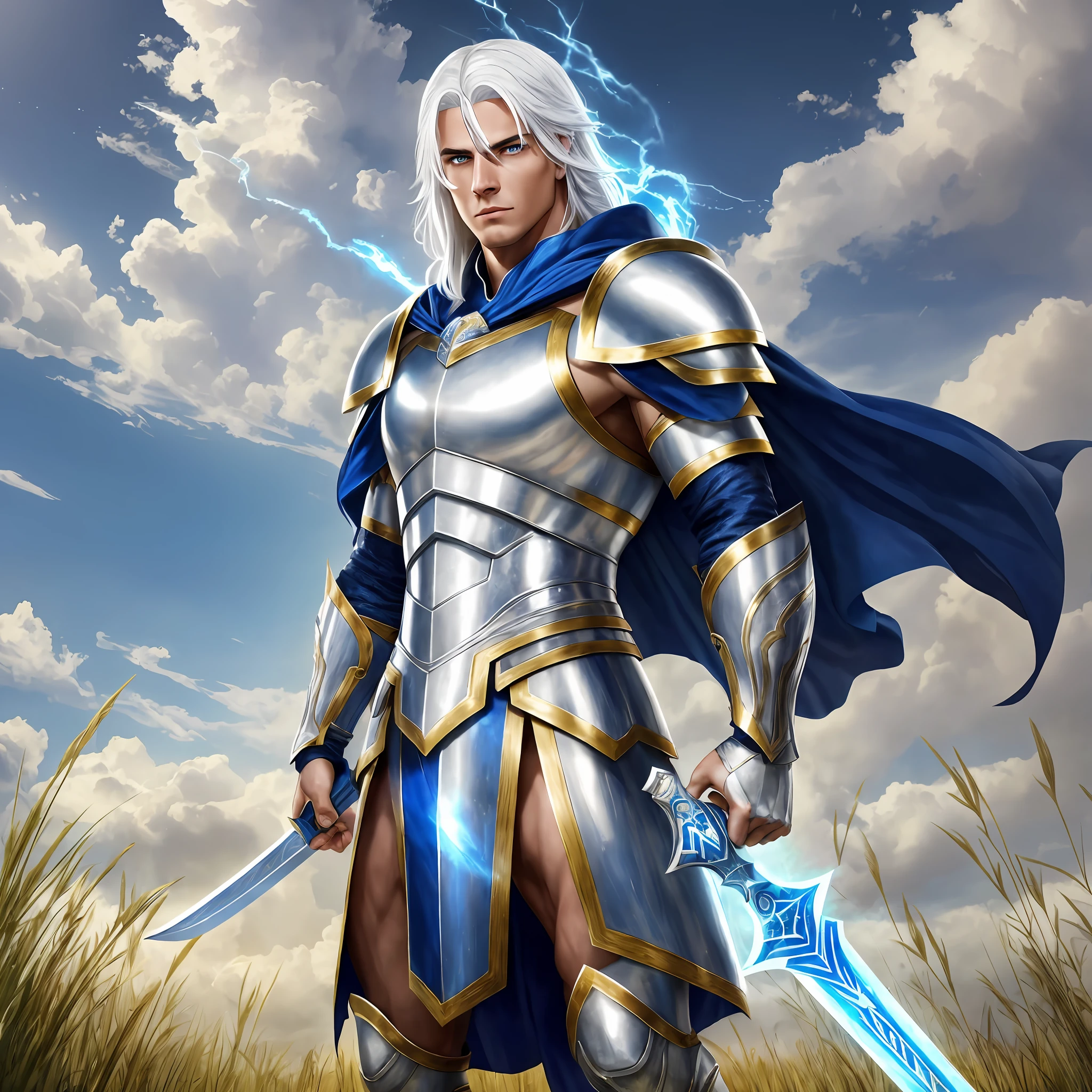 Young, Tall, muscular, bright eyes, white hair, powerful, wearing silver and blue armor, with a blue cape, standing in a field, holding a large shining gold sword, Realistic, Full HD, best quality