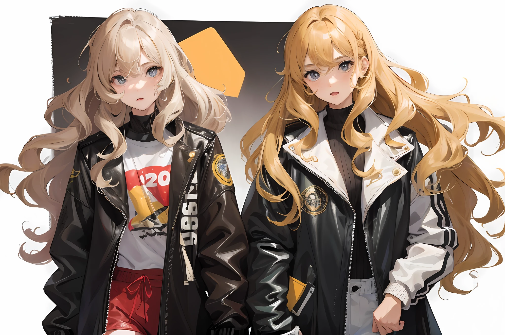 two friends with jackets written best friends,being one blonde with wavy hair and the other brunette with curly hair, back walked on a white background side by sidein sleeve style,full body image