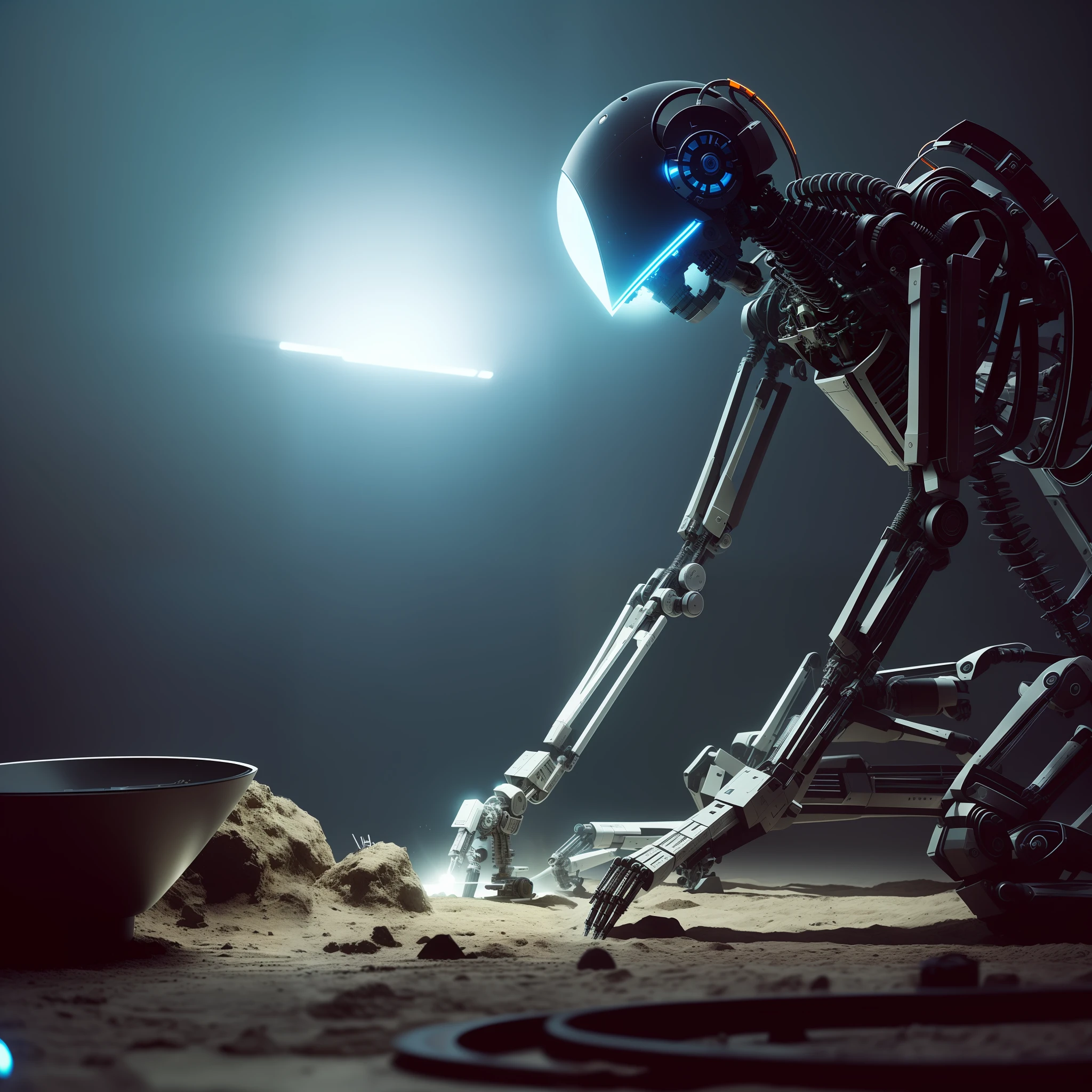 there is a skeletal futuristic robot that is kneeling with a bowl digging something, robot photography, a still life of a robot, robot skeleton, robotic skeleton, cyberpunk skeleton, exterminator skeleton, robot under construction, cybernetic skeleton, scifi robot repair shop, by Andrei Kolkoutine, close-up of a sitting robot, cyborg working, 3d render digital art,  ultra realistic photography