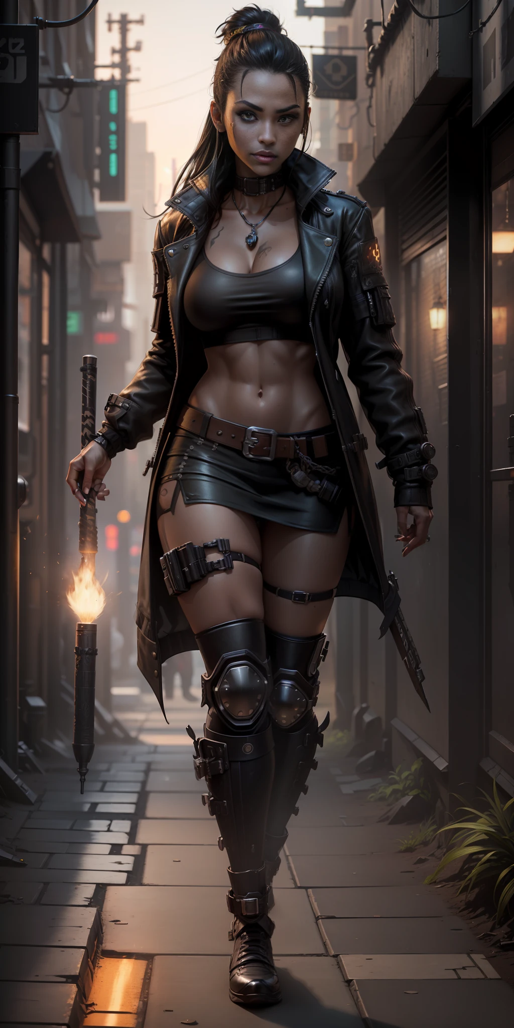 "Complete artwork masterpiece, high quality, ultra detailed in 4k, 8k, high resolution, hyper-realistic photo, hyper-detailed, realistic skin texture, amazing shadows, highly detailed background, extremely detailed texture, perfect lighting, high-level image quality. ((A female street samurai from a cyberpunk future, black jacket, shadowrun-inspired, black skin, full-body photo, long black hair, brown eyes, defined face, large breasts)), (walking through a torch-lit dungeon)