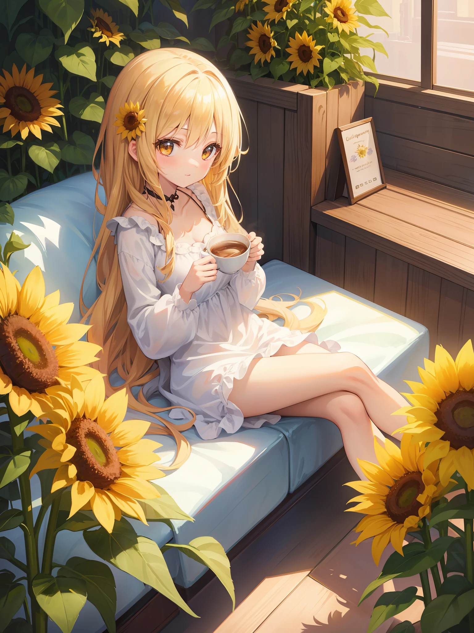 Ultra-detailed, best quality, stunningly artwork of a beautiful girl sipping on a warm cup of milk coffee, surrounded by cheerful sunflowers and a cozy atmosphere.🥛☕️🌻💖 kawaii, comfy, cozy