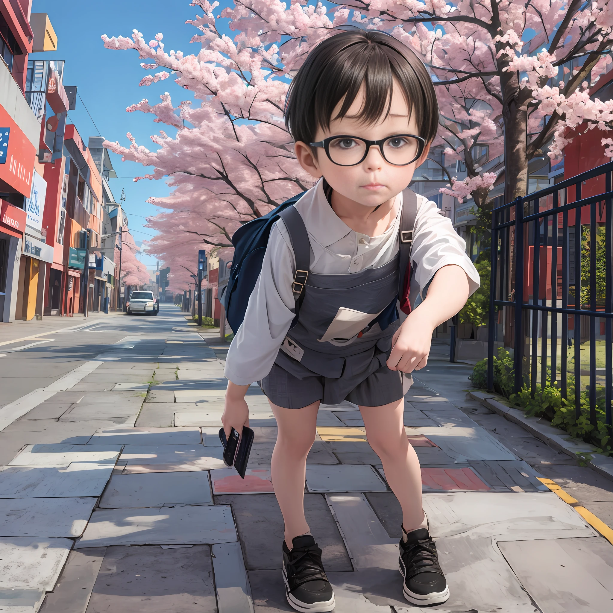 (Solid color: 0.9), (Color: 1.1), (Masterpiece: 1, 2), Best quality, Masterpiece, High resolution, original, extremely detailed wallpaper, 3D real person, blue sky, cherry blossoms on the side of the road, a pure and cute girl with glasses, pouting, wearing a short skirt, carrying a backpack, hands on knees looking down, looking down at the ground