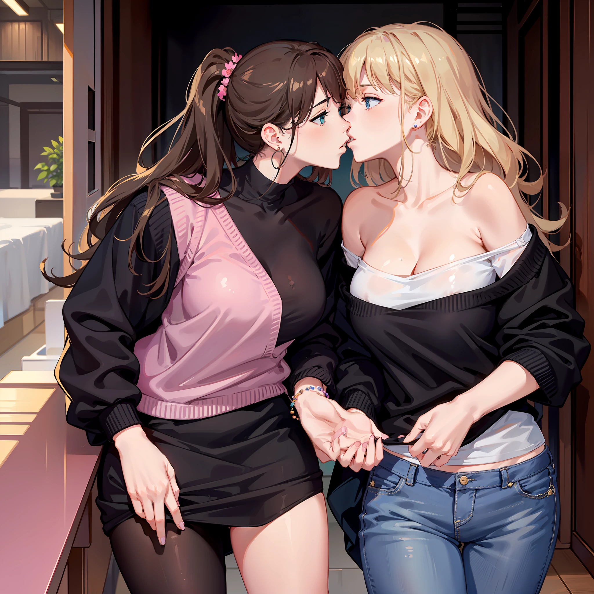 2girls kissing, girl1: big breasts,cute,beautiful detailed eyes,shiny hair,visible through hair,hairs between eyes, brown hair,blue eyes, long hair, thick, soft smile, jeans, blue shirt, girl2: blonde hair, curly hair, medium hair, green eyes, flower earrings, pink nails, thick thighs, small breasts, big hips, pink off shoulder sweater, black skirt, kissing, kiss