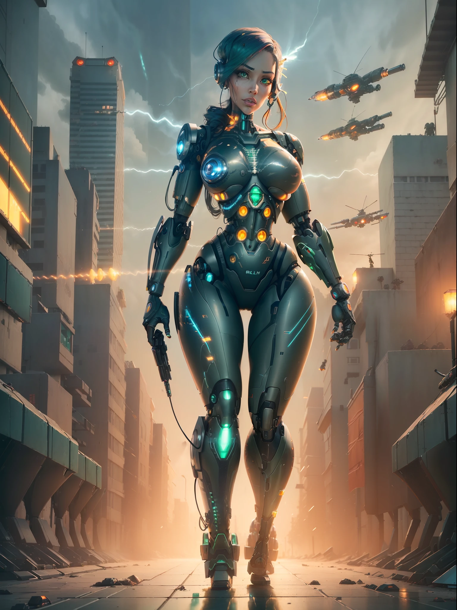 ((full body image):2), (({1/woman – cyborg}):2). Only {1/woman – cyborg}:((she has a semi human half machine half human body, is wearing an extremely tight futuristic black suit on her body):1.3). Only {1/woman – cyborg}:((has extremely large breasts):1.3). Only {1/woman – cyborg}:((has very short blue hair, dark green eyes):1.3). Just {1/woman – cyborg}:((striking sexy poses holding a futuristic sniper rifle standing):1.3). In a futuristic city, it is night raining very hard, the city is with ((several robots running):1.5) behind Only {1/woman – cyborg}. anime, anime style, 16k, high resolution, ((best quality, high details:1.5)), UHD, ((masterpiece)), cartoon, real, Fantexi