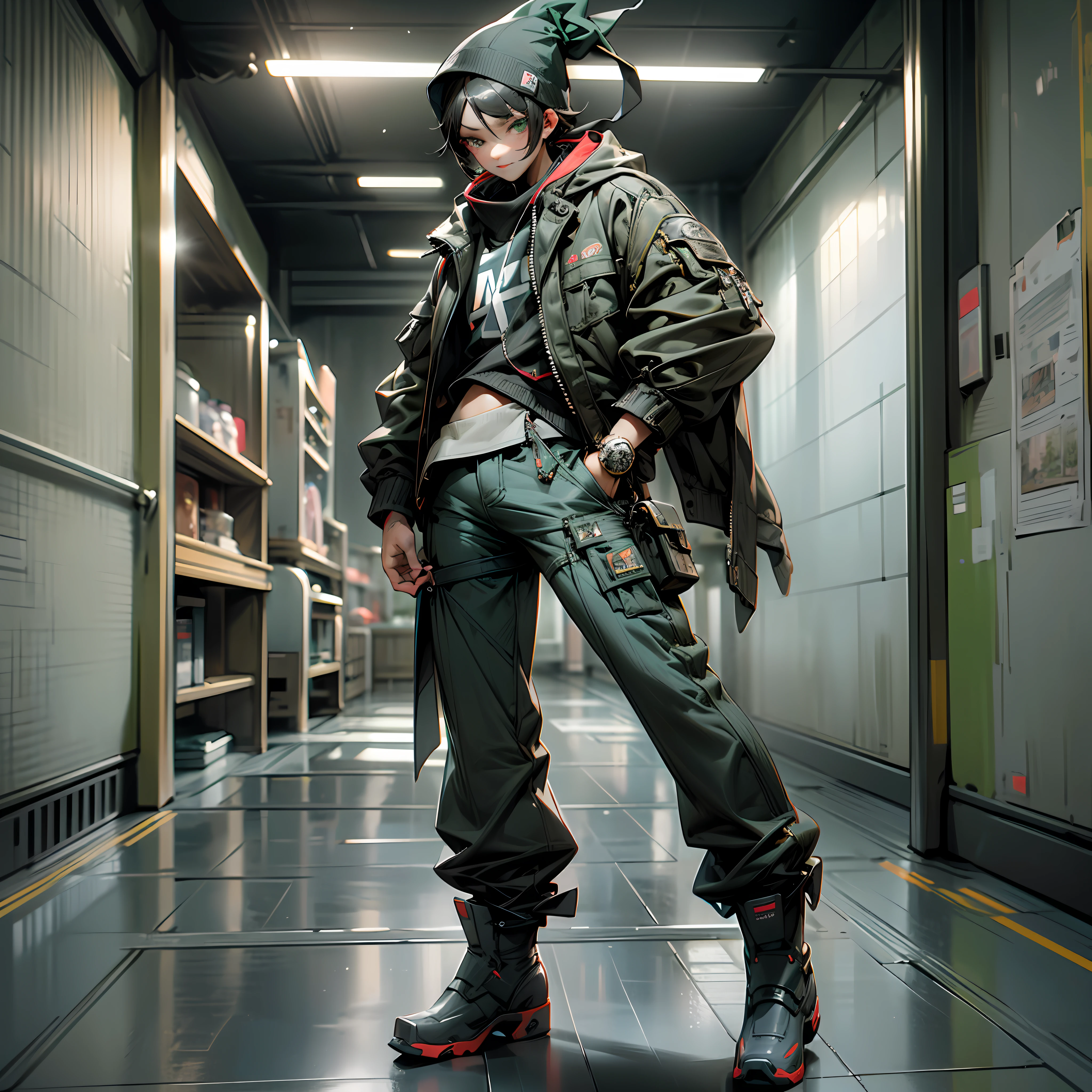 Boy, cool, green and red, cotton beanie, jacket, wide-leg pants, boots, full body, blind box style, black background centered, physical blind box, edge light, front view, octane rendering, blender, super high quality, ultra hd, 8k (clutter-home: 0.8), (masterpiece: 1.2) (Realistic: 1.2) (Bokeh) (Best quality) (Detailed skin: 1.3) (Intricate details) (8K) (Detail Eye) (Sharp Focus) --auto --s2