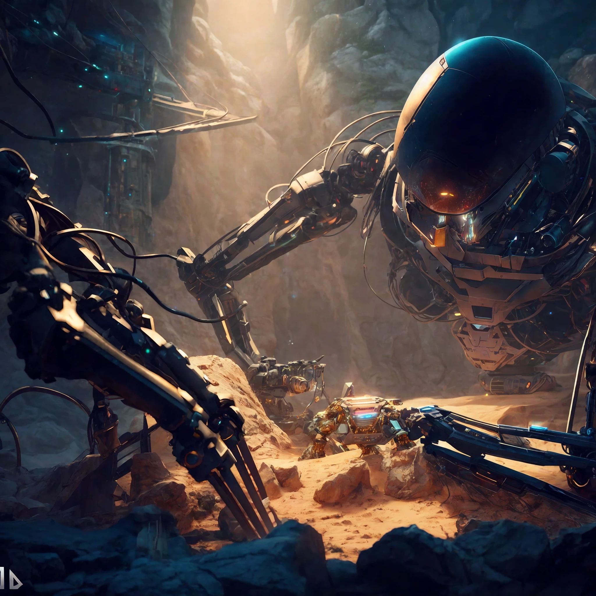 There is a futuristic robot with leds that is sitting on the ground in the sand in a cave digging something, in the background hanging wires, archaeological site, cinematic 3D rendering, Anton Fadeev 8 K, cinematic rendering Unreal Engine, Cinematic Unreal Engine 5, CGSesociety, 8K, CGSyencenation 8K, Unreal Engine 5 Digital Art, Made in Unreal Engine 5, CGSsociety, UHD 4K, highly detailed, ultra realistic professional photography