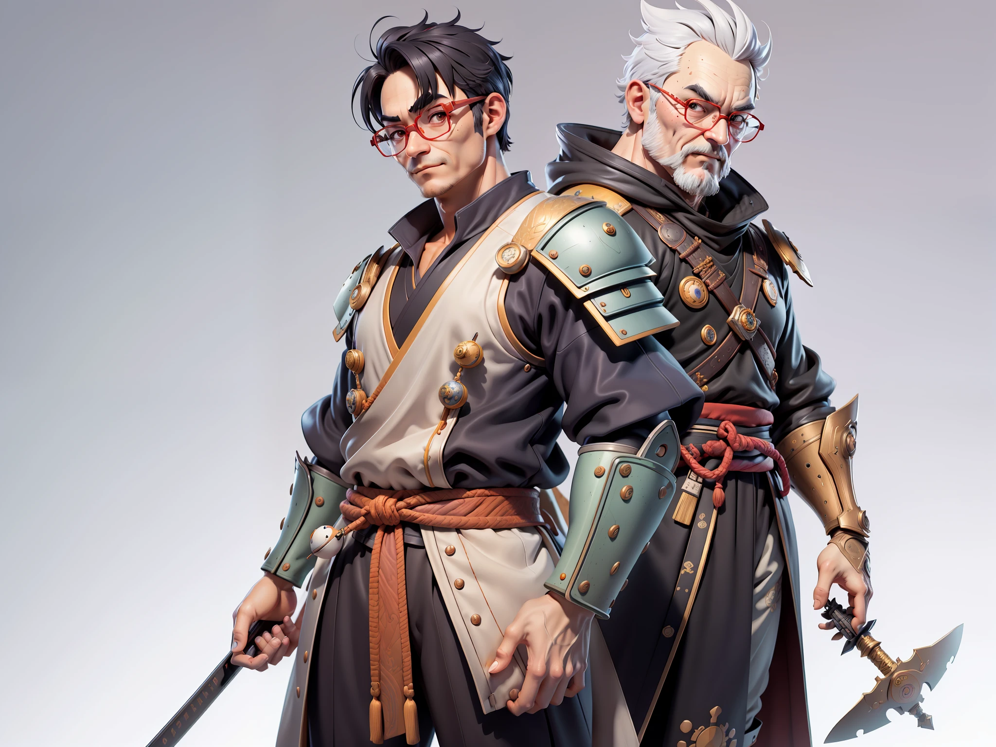 (Masterpiece), (Excellent), (Super Meticulous), (Full Body: 1.2), Super Young Man, Oriental Face, Japanese Samurai Armor, TV Anchor, Bust Portrait Illustration, Alone, Black Suit, Red Tie, Silver Glasses, Slightly Chubby Face, Very Clean Face, No Beard, Black Super Short Hair, Black Eyes, Confident Smile, 3c Computer Sub-Products, iPad, iPhone, Digital Painting, 3D Character Design by Mark Claireden and Pixar and Hayao Miyazaki, the illustrations are HD illustrations in 4K resolution, with very detailed facial features and cartoon-style visuals.