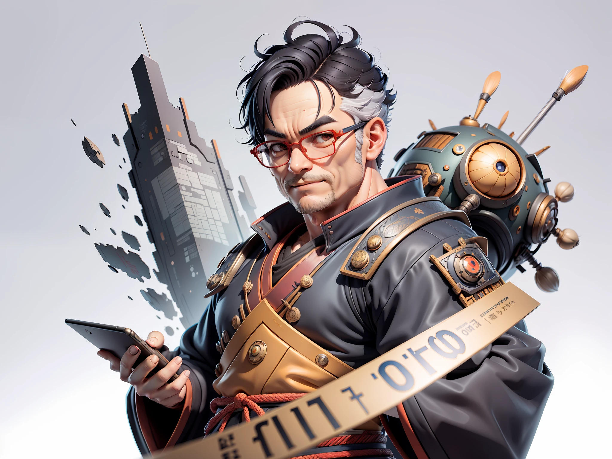 (Masterpiece), (Excellent), (Super Meticulous), (Full Body: 1.2), Super Young Man, Oriental Face, Japanese Samurai Armor, TV Anchor, Bust Portrait Illustration, Alone, Black Suit, Red Tie, Silver Glasses, Slightly Chubby Face, Very Clean Face, No Beard, Black Super Short Hair, Black Eyes, Confident Smile, 3c Computer Sub-Products, iPad, iPhone, Digital Painting, 3D Character Design by Mark Claireden and Pixar and Hayao Miyazaki, the illustrations are HD illustrations in 4K resolution, with very detailed facial features and cartoon-style visuals.