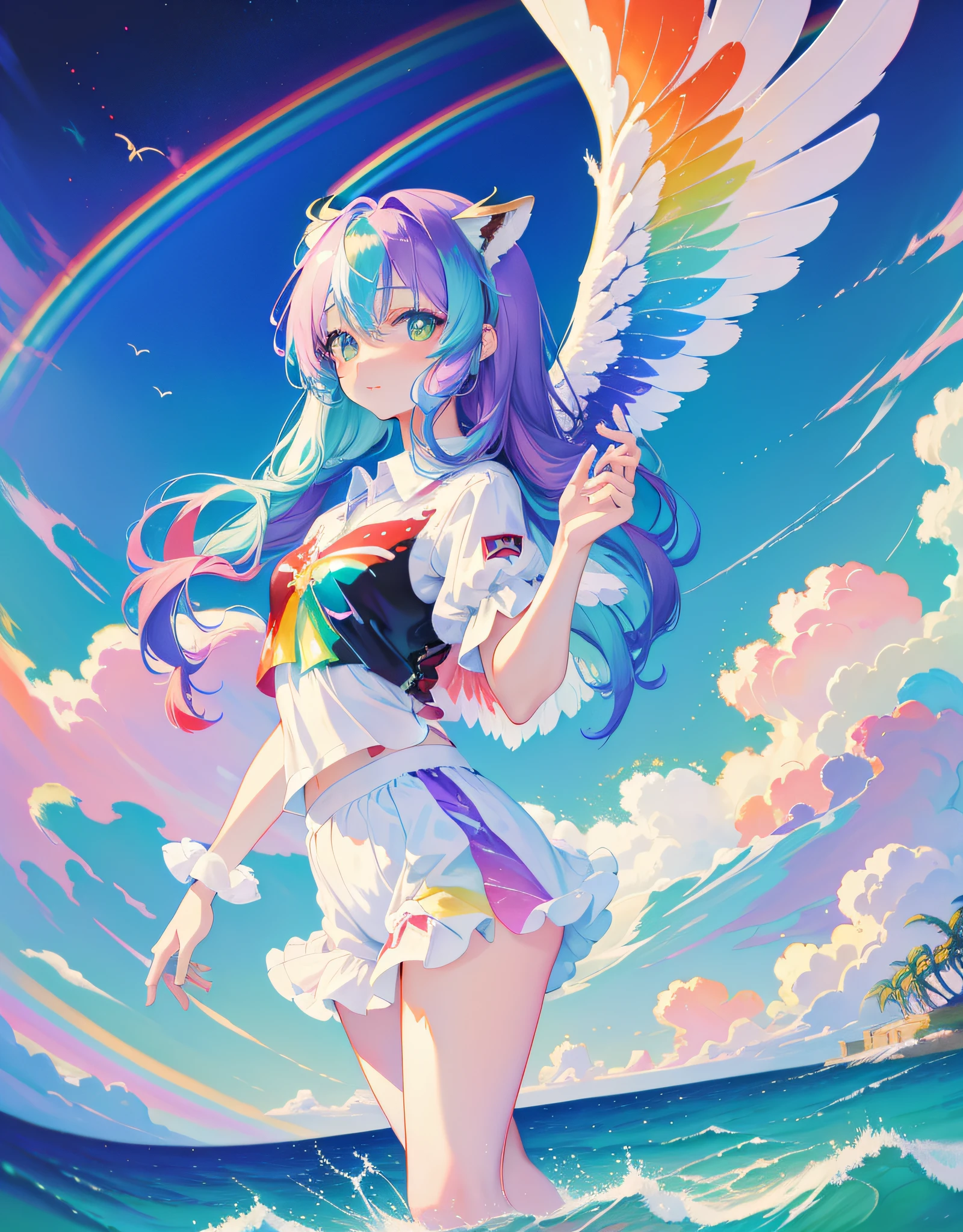 sea otter, brilliant angel wings, flying amidst the clouds, paws spread, rainbow squares busting into existence, masterpiece, best quality, ((In angelcore style))