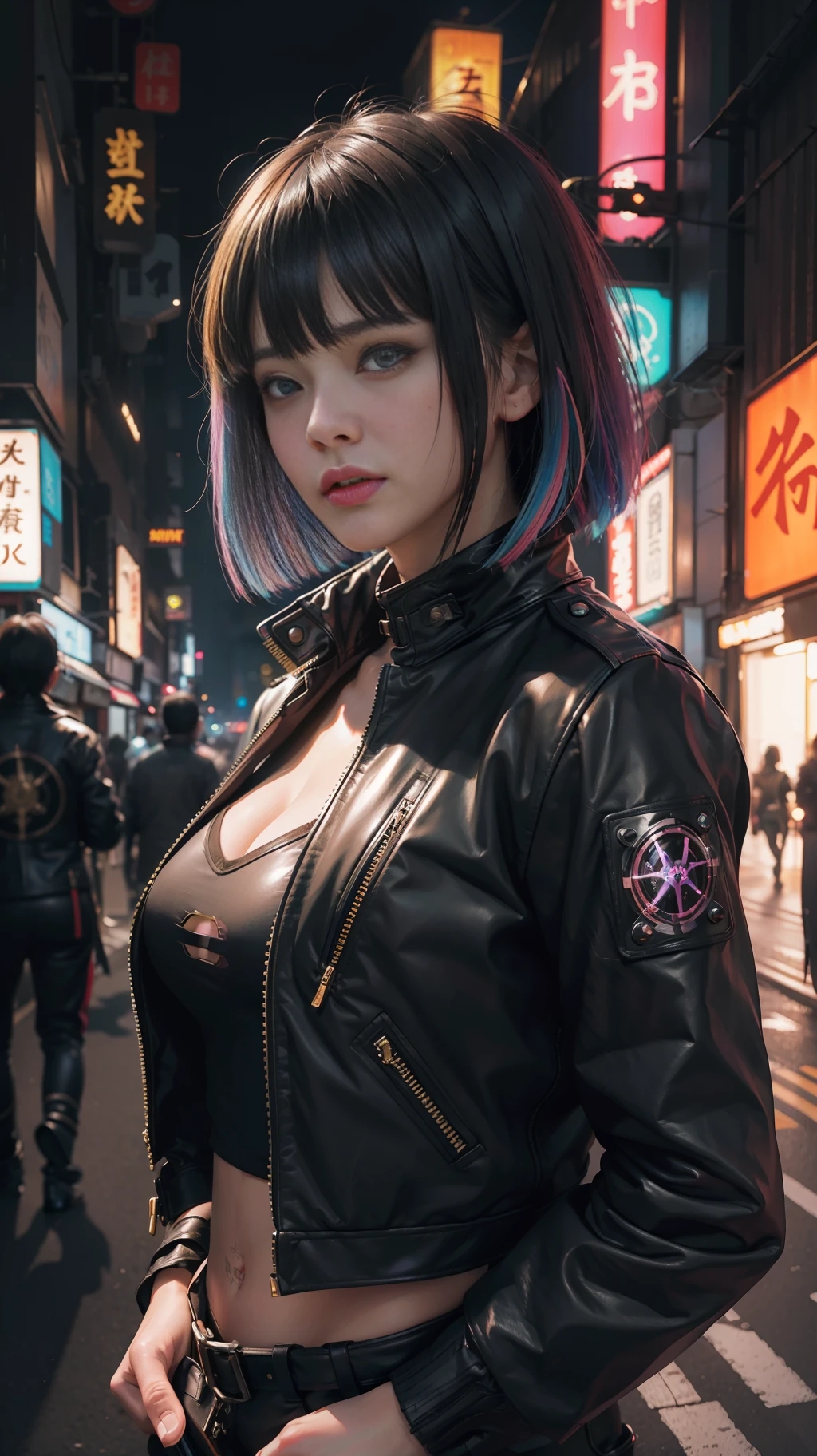 hyperrealistic close up portrait photograph of cyberpunk nekomata catgirl in a crowded Japanese street, wearing leather jacket and armor, fringe cut and bangs hairstyle, insane details, detailed designs, glowing colorful circuitry, colorful neon trim, cinematic lighting, rim lighting, f/2.8, art by H.R. Giger, Greg Rutowski
