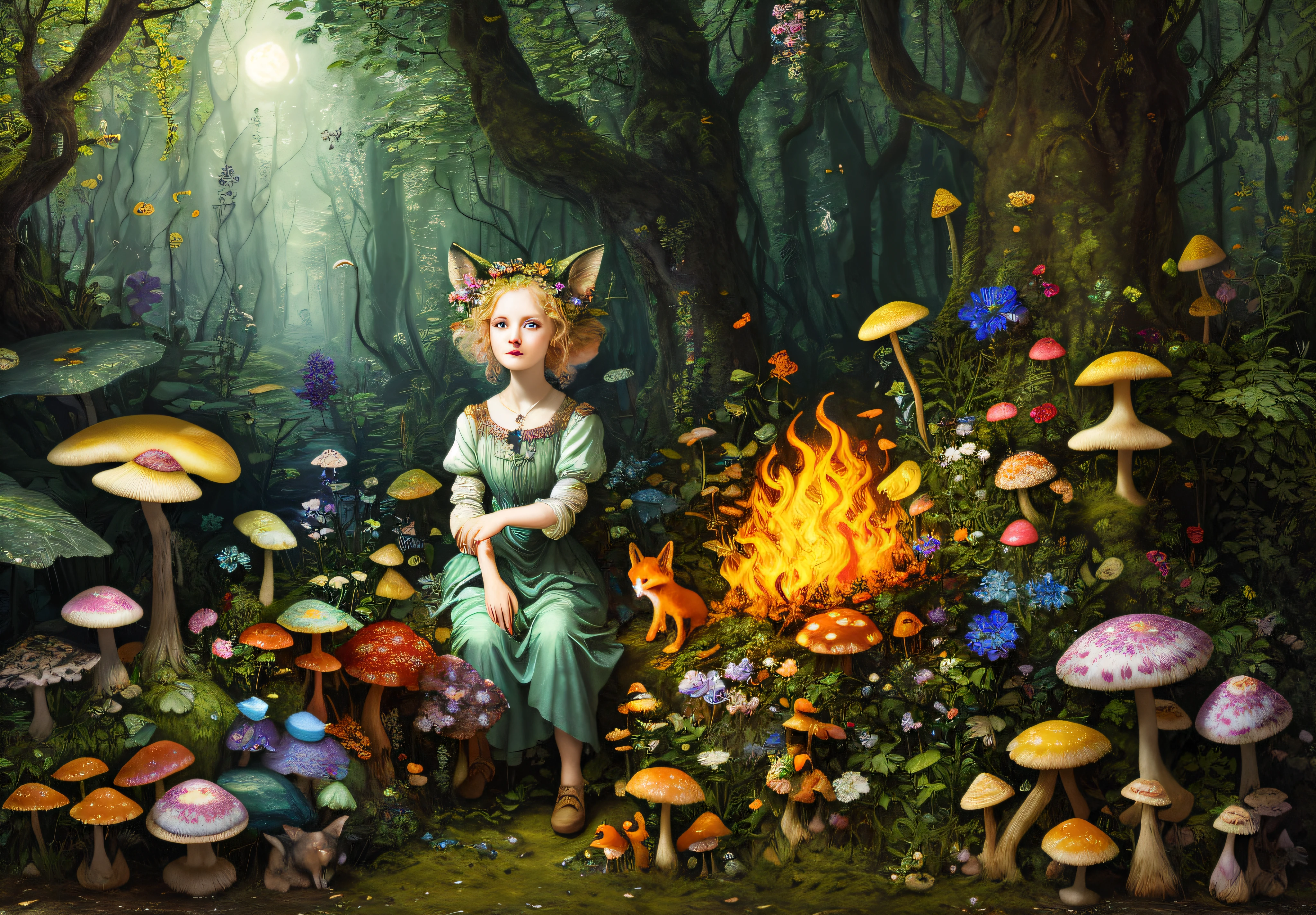 There is a woman sitting in a forest with foxes and mushrooms, foxes, a fairytale work of art, fantasy art, realistic painting, a fairy queen of the summer forest, a fantasy painting style,