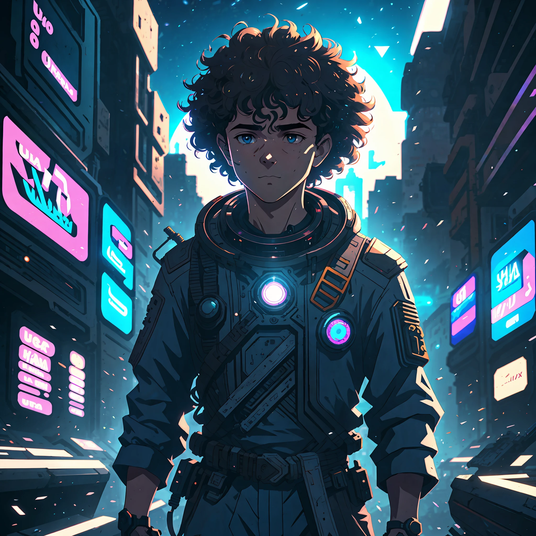 Curly-haired boy in space with a sword (ultra quality) (quality) (animation) (cyberpunk) --auto --s2