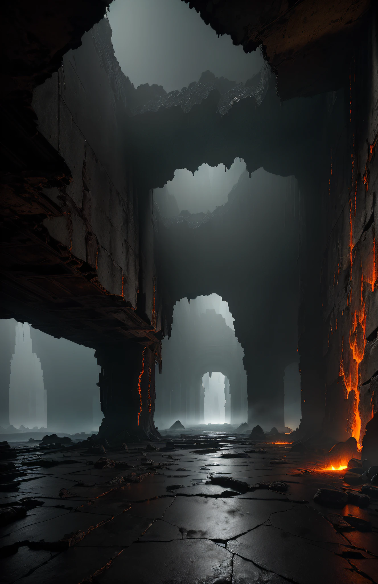 masterpiece), vast ancient dungeon, (dilapidated scenery), (unreal engine rendering, photorealistic, photorealistic:1.2), (mysterious), (concrete walls), (cracks), (volumetric fog), (black fog) , (night) , (flows of magma and lava from the walls), (floor in magma fissures)