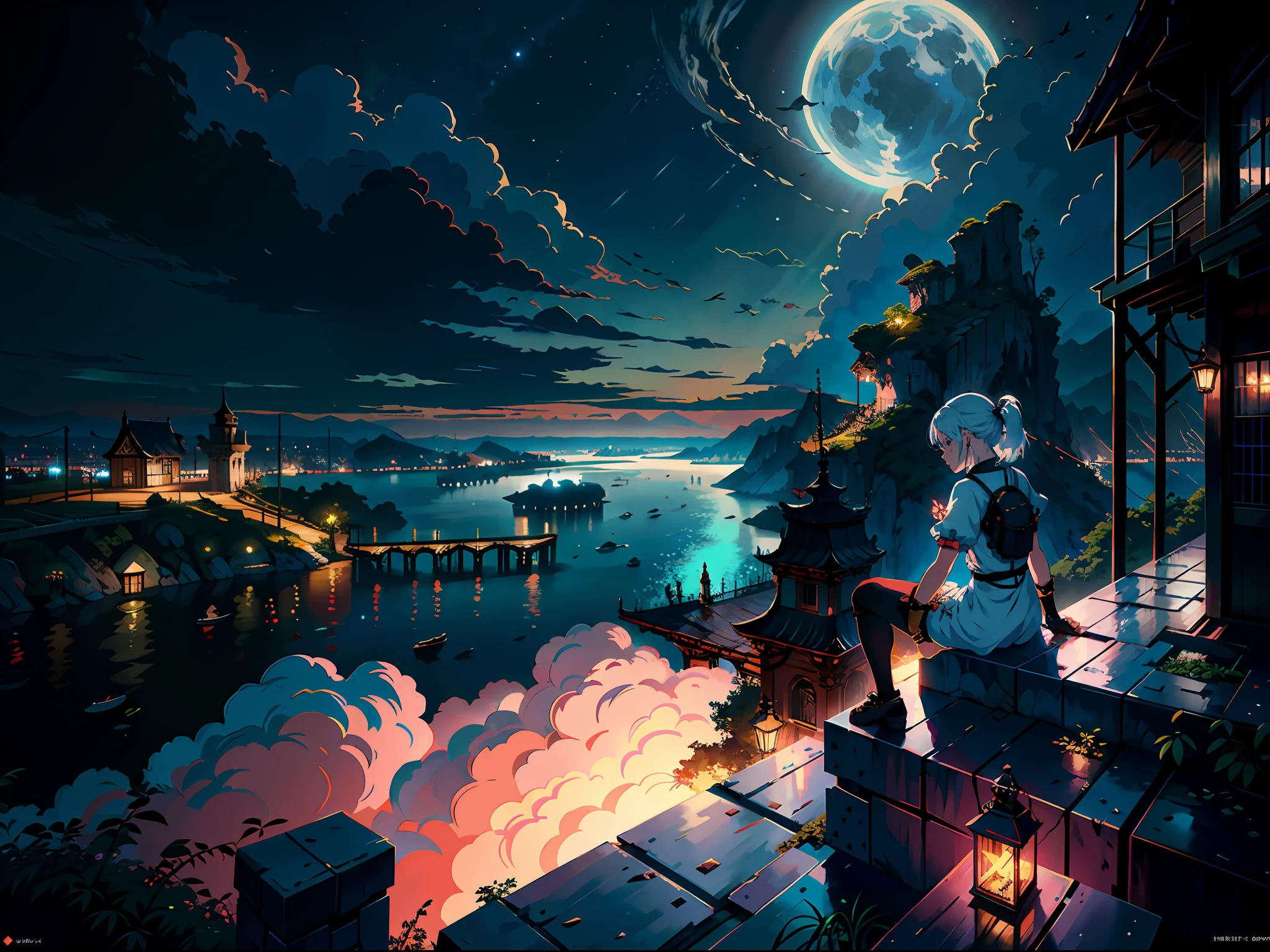 anime girl sitting on a ledge overlooking a city and a river, best anime 4k konachan wallpaper, 2. 5 d cgi anime fantasy artwork, intricate ornate anime cgi style,BREAK,Detailed,Realistic,4k highly detailed digital art,octane render, bioluminescent, BREAK 8K resolution concept art, realism,by Mappa studios,masterpiece,best quality,official art,illustration,ligne claire,(cool_color),perfect composition,absurdres, fantasy,focused,rule of thirds