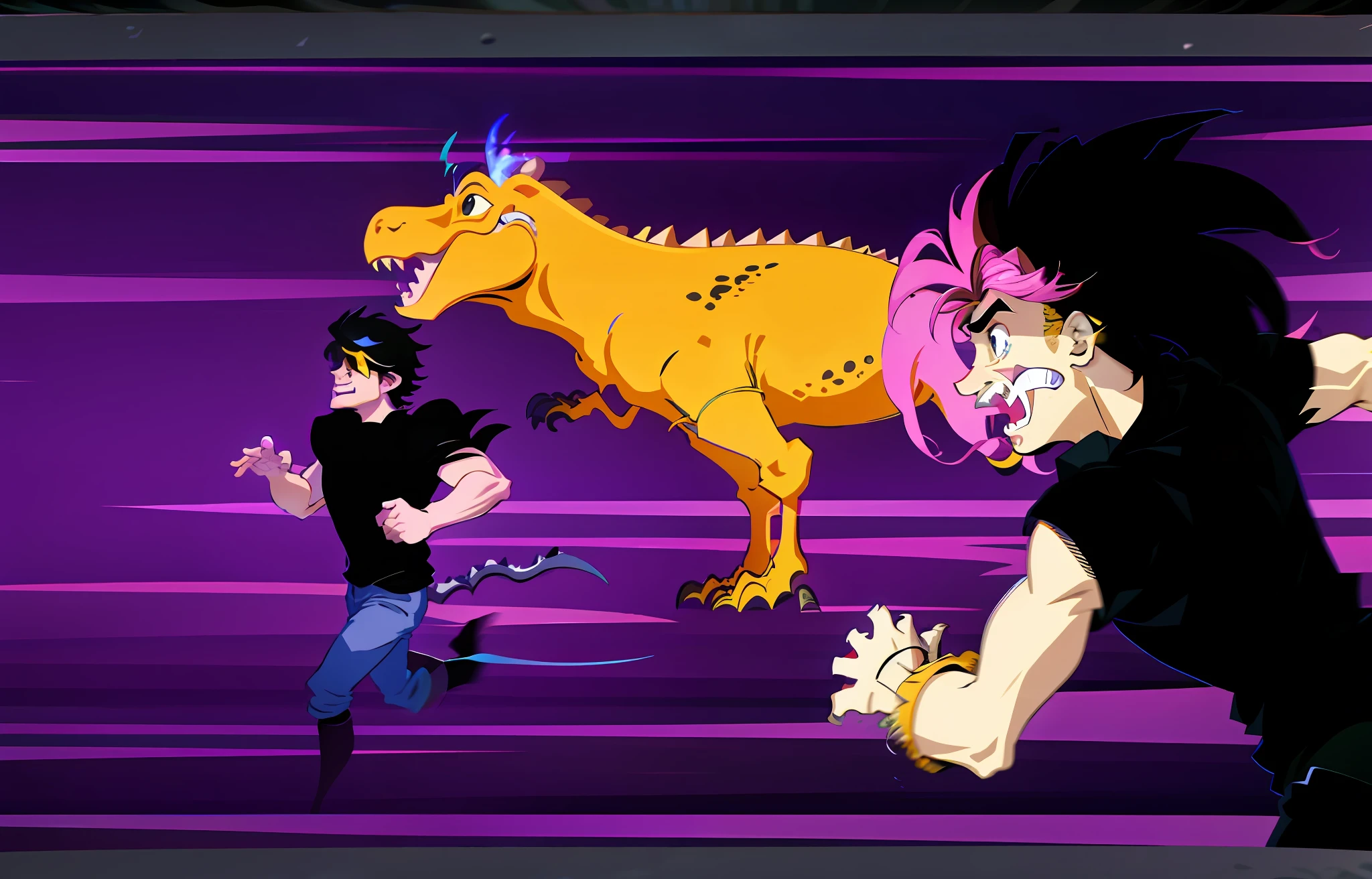 cartoon of a man running with a dinosaur in the background, cartoon network stillframe, next to the dinosaur are cavemen, newgrounds, giga chad, like bebop, day of the tentacle style, rotoscoped, tom cruise vs carnivore dinosaur, genndy tartakovsky, t-rex, t - rex, dinosaur slayer