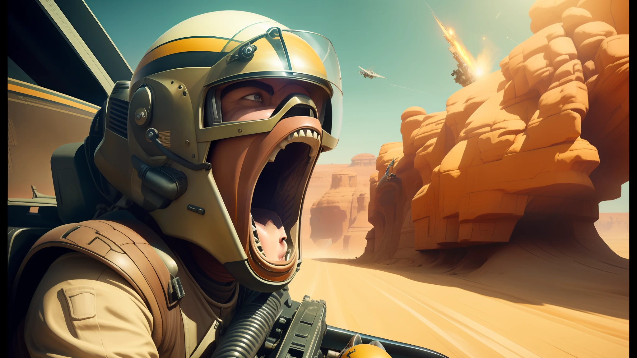araffe in a helmet with a gun and a helmet on, yelling, darius zawadzki and tom bagshaw, desert alien planet, racing, an award winning digital render, mouth open in a terrifying roar, gumroad, digital art. photo realistic, pod racer, anamorphic widescreen, detailed realistic expressions
