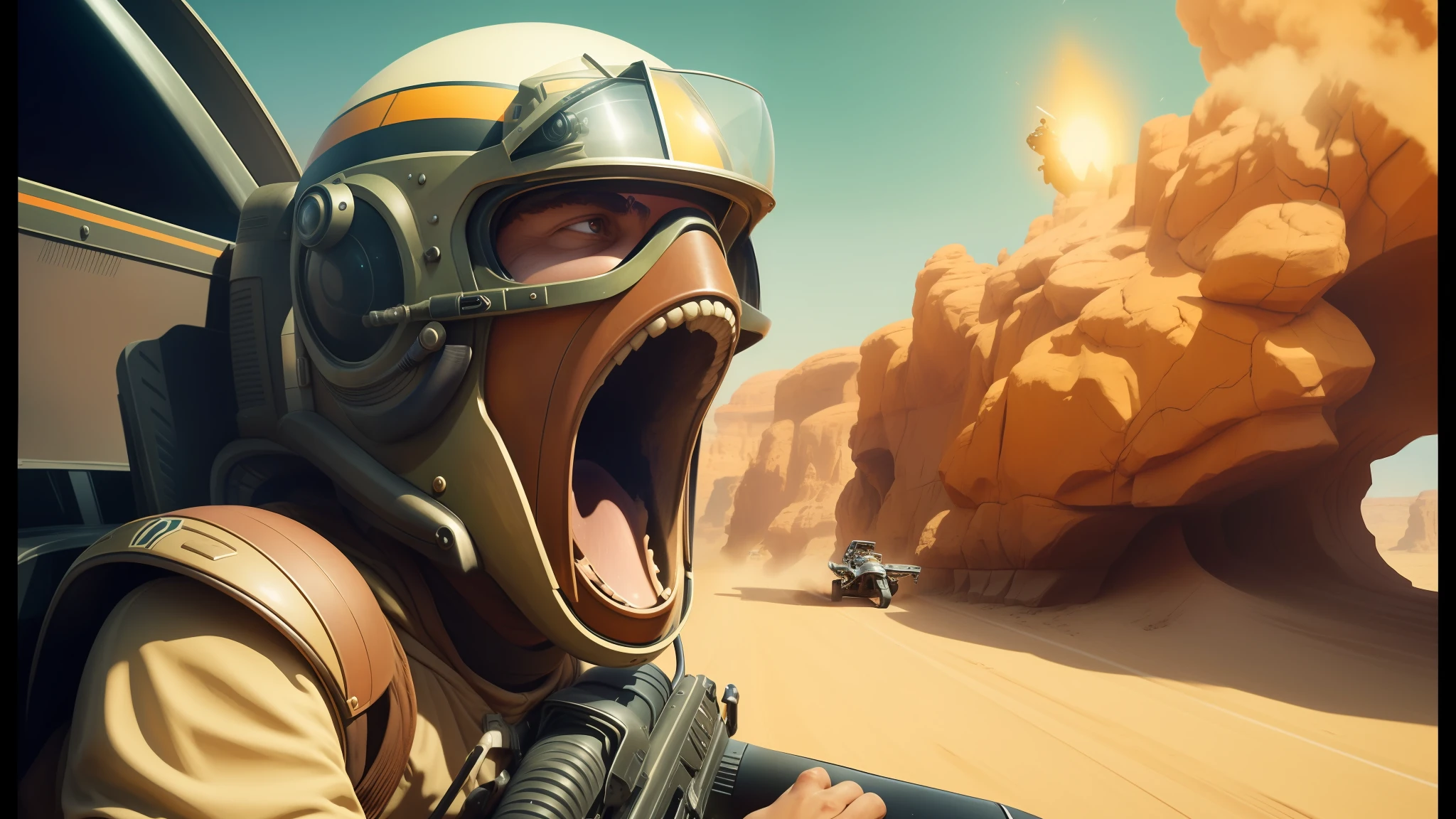 araffe in a helmet with a gun and a helmet on, yelling, darius zawadzki and tom bagshaw, desert alien planet, racing, an award winning digital render, mouth open in a terrifying roar, gumroad, digital art. photo realistic, pod racer, anamorphic widescreen, detailed realistic expressions