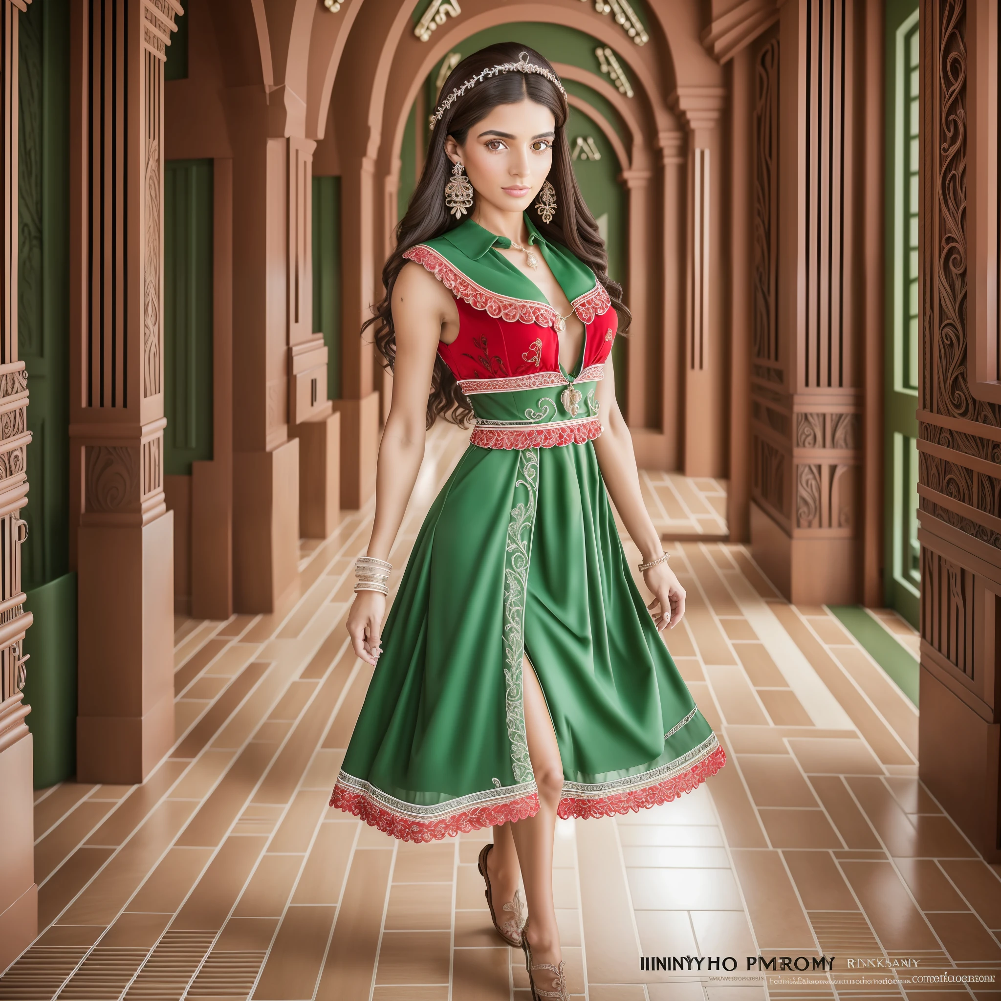 Beautiful Brazilian woman, 24 years old, dark brown hair, light green eyes, wearing red collared dress, necklace and fine earrings, in an event hall, full body photography, (insanely detailed:1.5), Canon EOS R3 --auto --s2