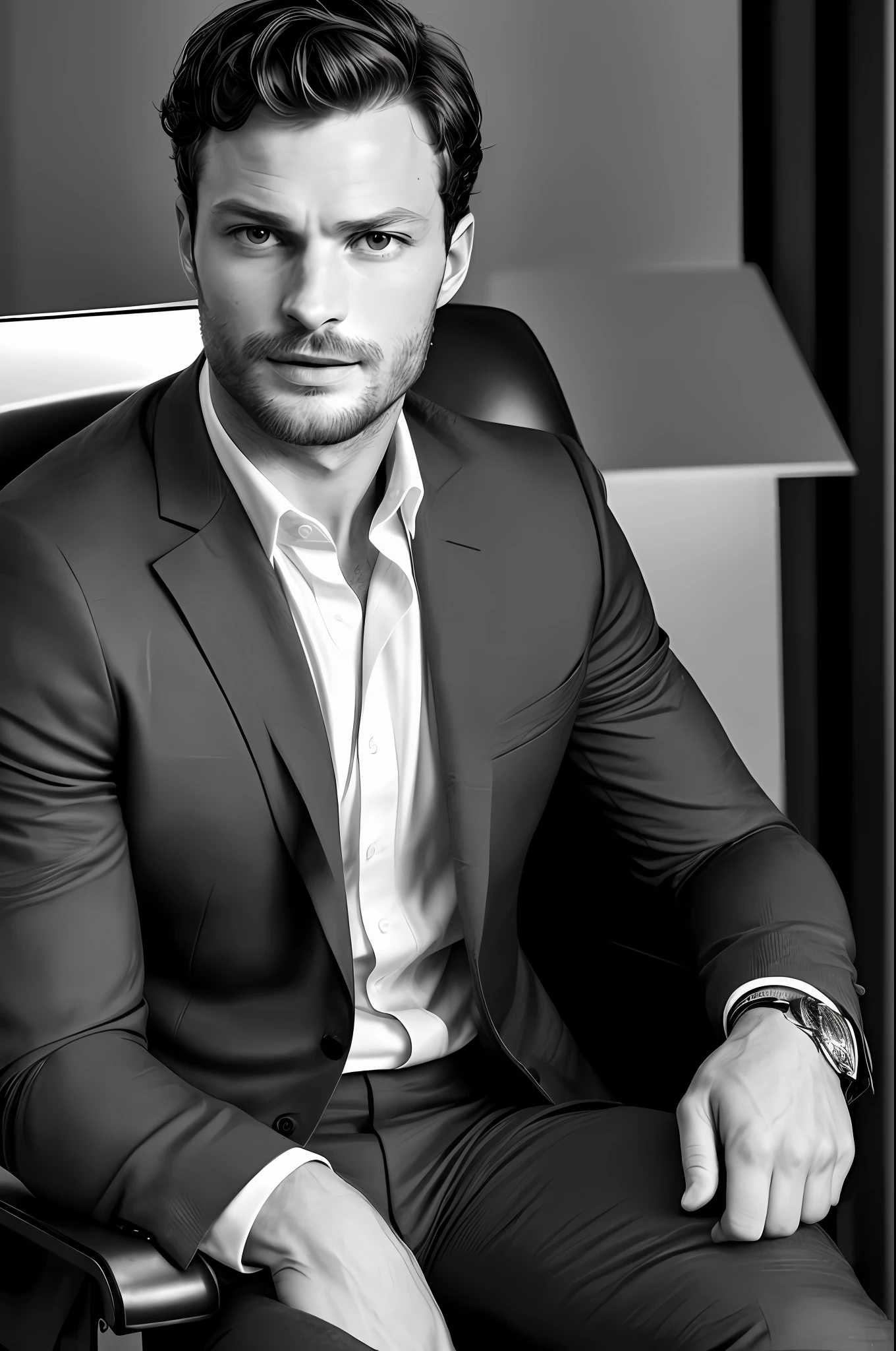 ((half body)) RAW Photo Ceo man sitting in an office chair, Jamie Dornan, wearing black suit, (Using dark and attractive beard) movie scene, (Impeccable) ,Serious and elegant man, Actor Jamie Dornan, with thick male eyebrows, secret agent 007 man style, (with mysterious and serious face,) short dark hair, dark black background image,elegant and elegant, Man similar to actor Jamie Dornan, ( high quality and realistic image), ((Best Quality, 8k, Masterpiece).