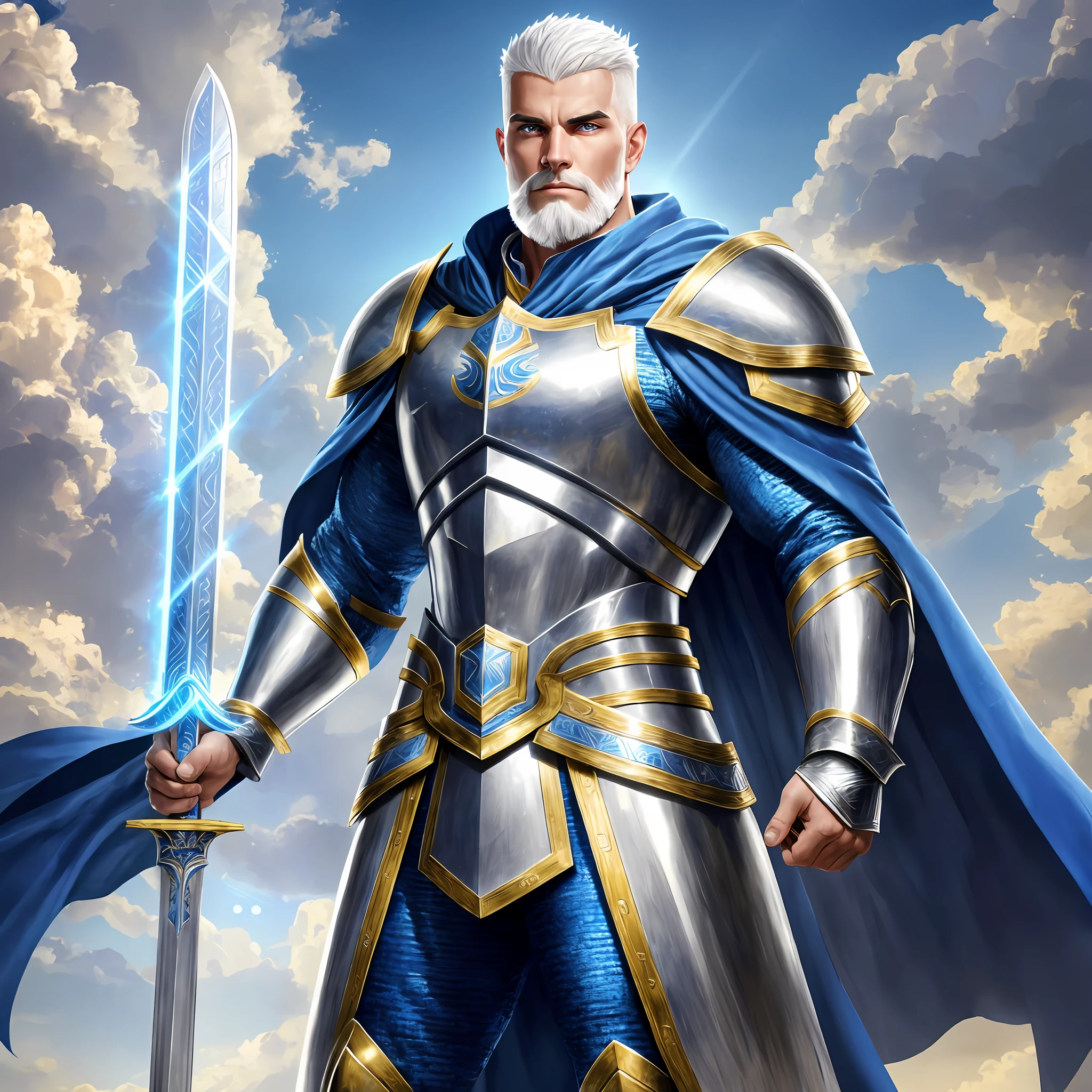 Young, Tall, muscular, bright eyes, short white hair shaved, beard, powerful, wearing a silver and blue armor, with a blue cape, standing in a field, holding a large shining gold sword, Realistic, Full HD, best quality