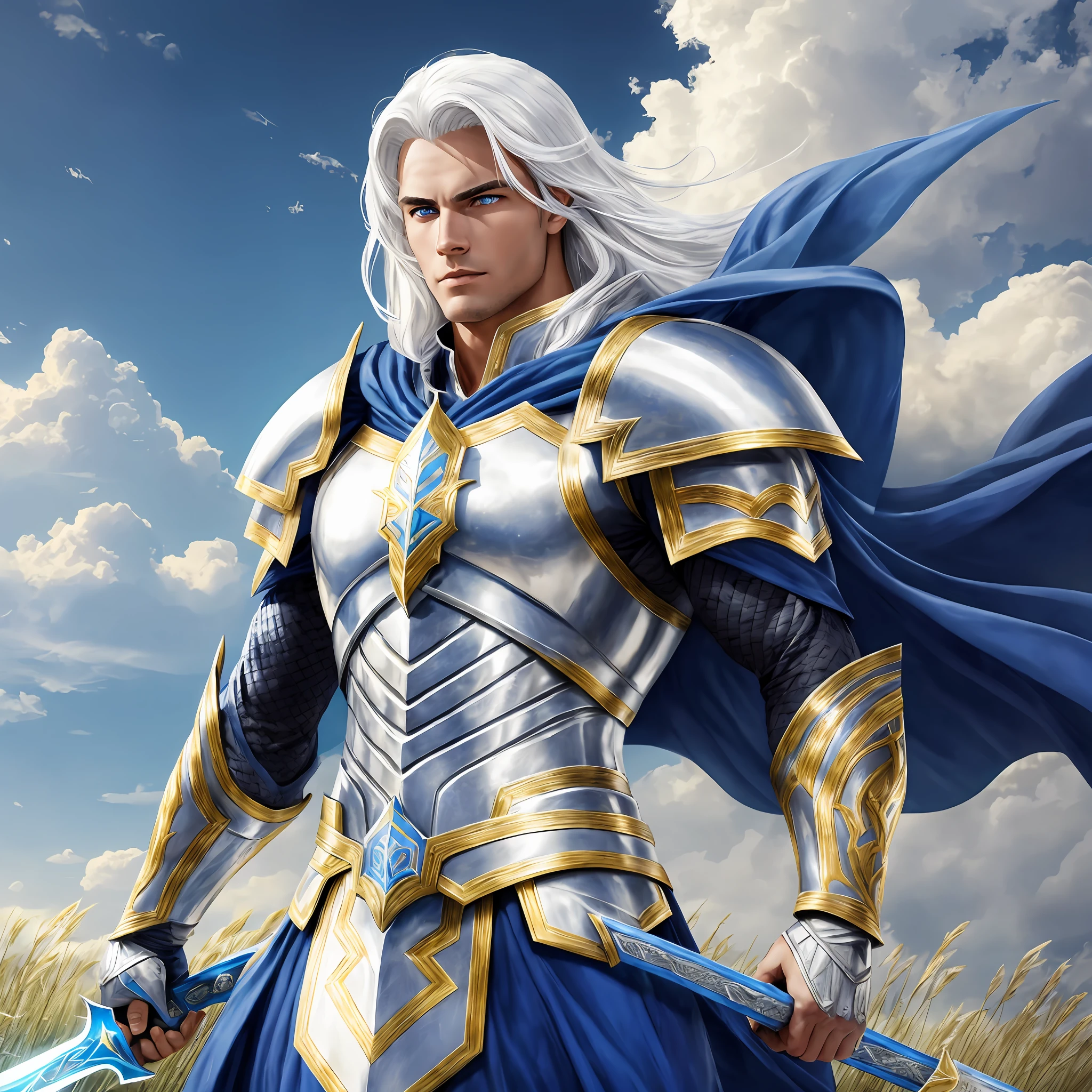 Young, Tall, muscular, bright eyes, white hair, powerful, wearing silver and blue armor, with a blue cape, standing in a field, holding a large shining gold sword, Realistic, Full HD, best quality