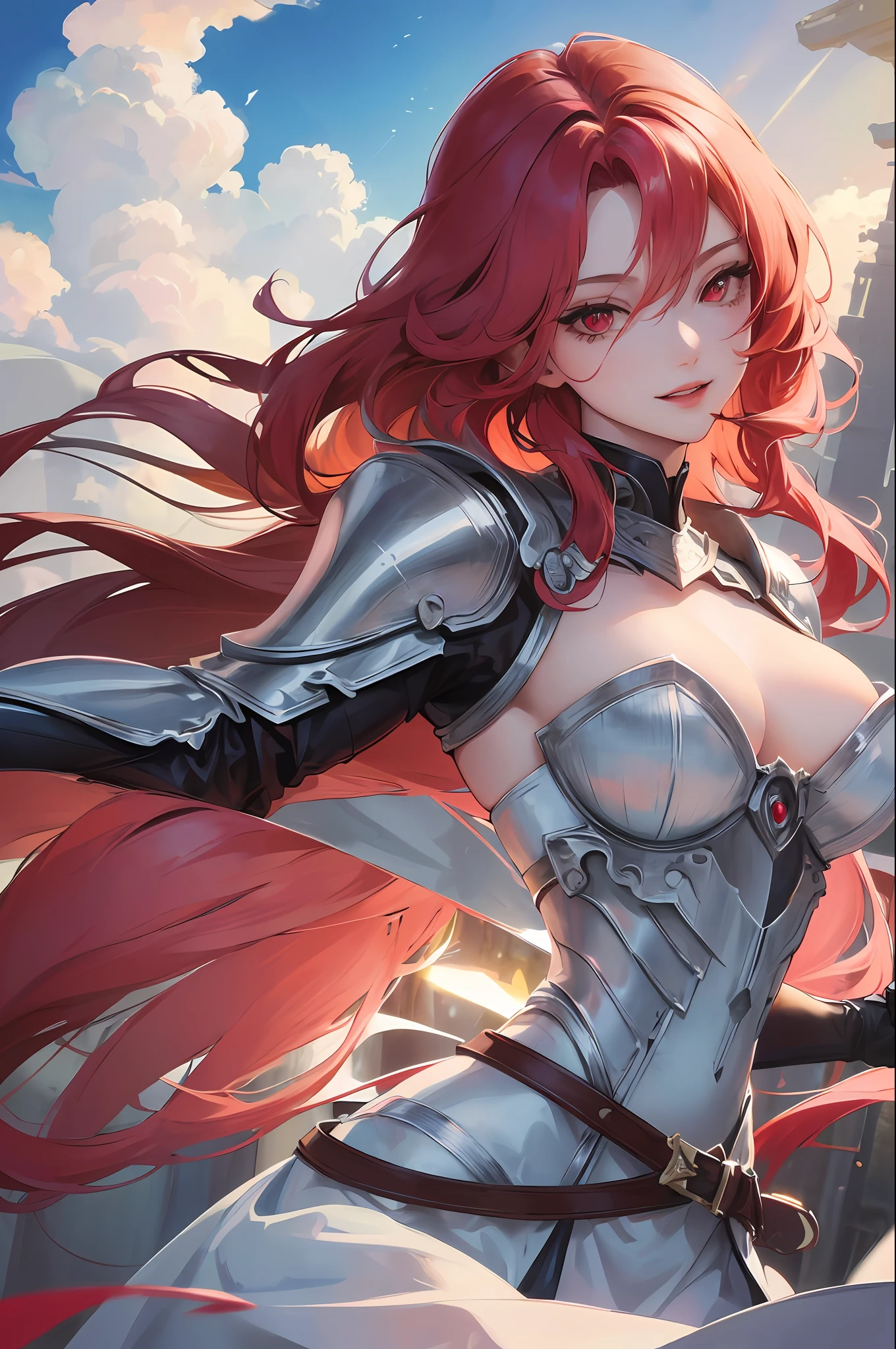 Official art, masterpiece, sharp focus, (beautiful gorgeous cute woman:1.3), (beautiful cute woman:1.3), delicate and beautiful hair and eyes and face, realistic, very detailed, beautiful woman, blue sky, (side light:1.2), sun light, white clouds, delicate clouds, thin, ((smile with eyes, open eyes)), landscape, short curly hair, soft hair, (vision diameter: 1.7), dynamic hair, detailed platinum red hair, shining red eyes,  Western armor, woman with a sword, piercing eyes,