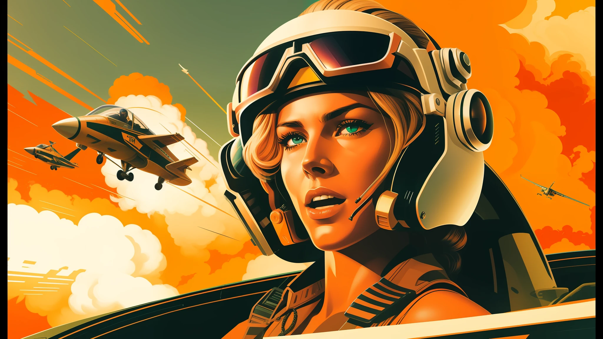 there is a woman in a helmet and goggles in a plane, synthwave art, top gun, pulp art, lynx, orange, high resolution print, furious gorgeous woman, octane redshift, 70s, by Samuel Colman, anamorphic illustration, a blonde emerald warrior, by William Hoare