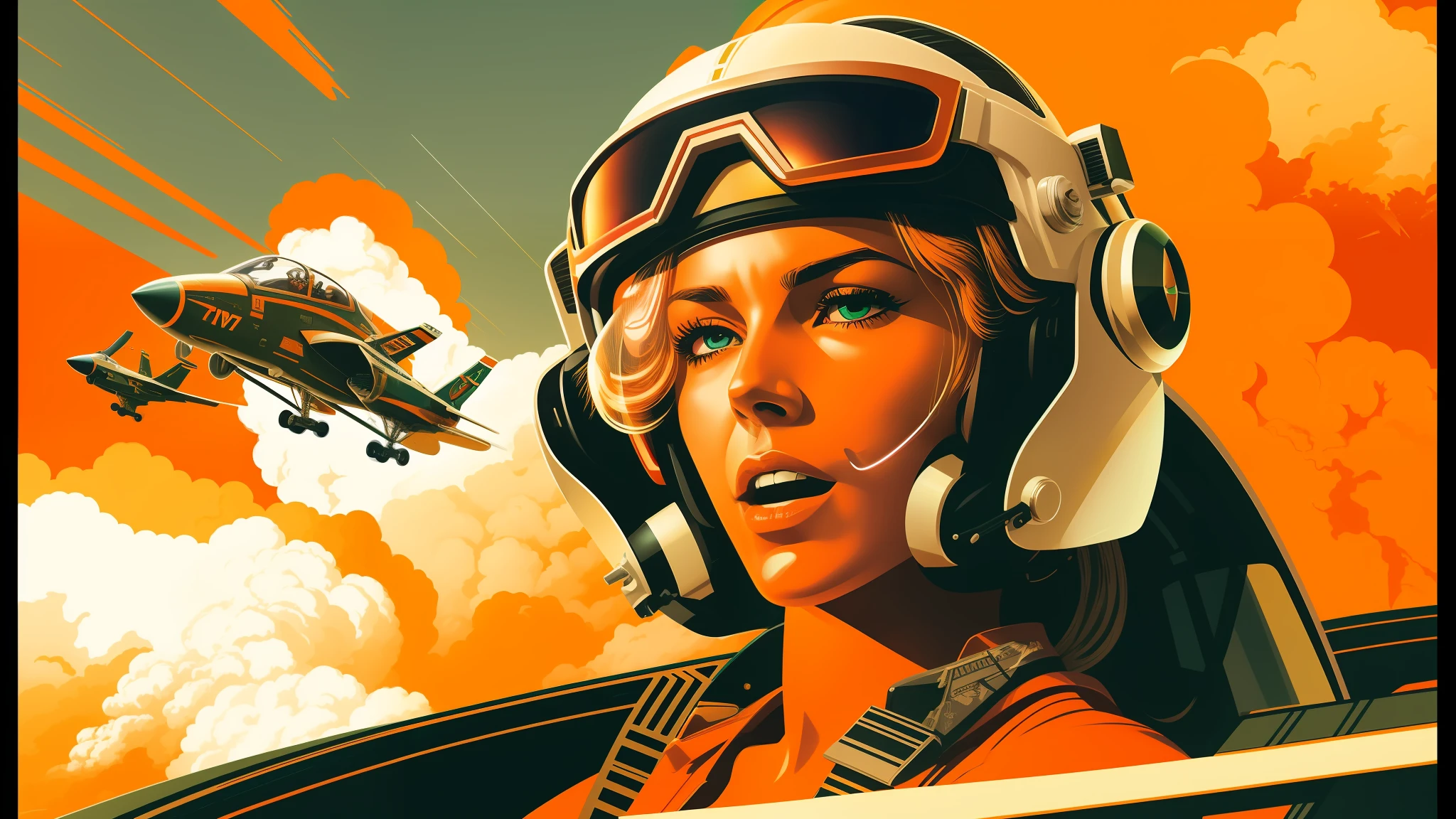 there is a woman in a helmet and goggles in a plane, synthwave art, top gun, pulp art, lynx, orange, high resolution print, furious gorgeous woman, octane redshift, 70s, by Samuel Colman, anamorphic illustration, a blonde emerald warrior, by William Hoare