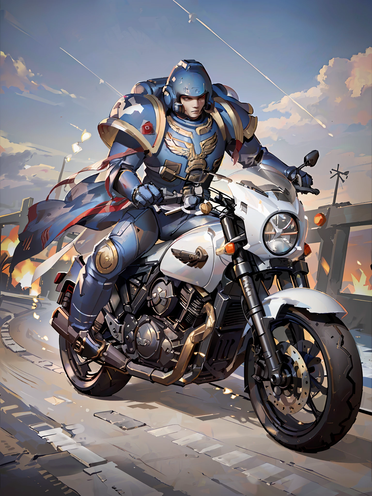 A space marine riding a motorcycle on a deserted road, his white motorcycle, super realistic, cinematc, 16k. It's just a Space marine