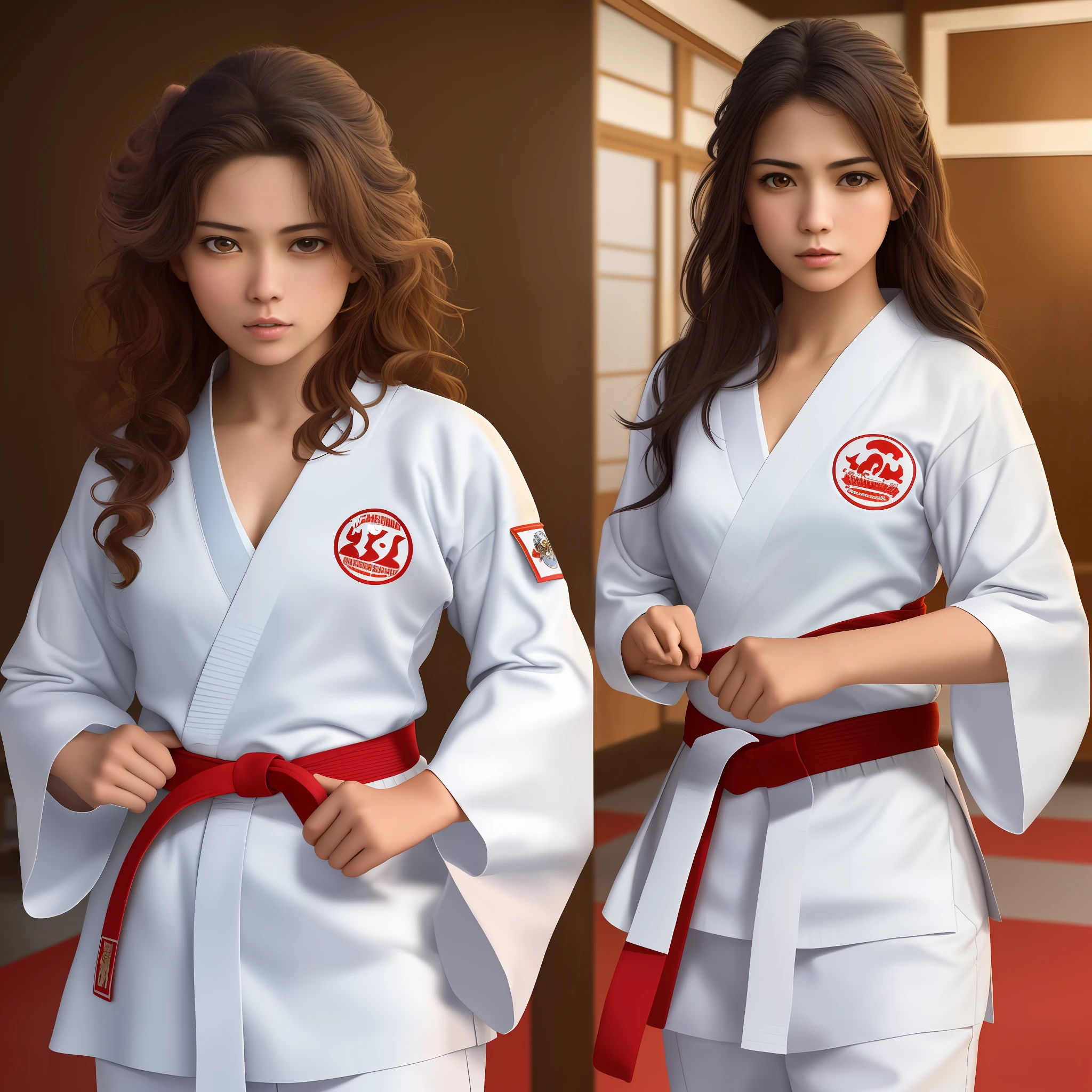 there are two women in karate uniforms posing for a picture, karate outfit, high detailed official artwork, highly detailed exquisite fanart, realistic anime 3 d style, martial art pose, in a dojo, alena aenami and lilia alvarado, katsuhuro otomo highly detailed, digitally painted, in fighter poses, photorealistic artstyle