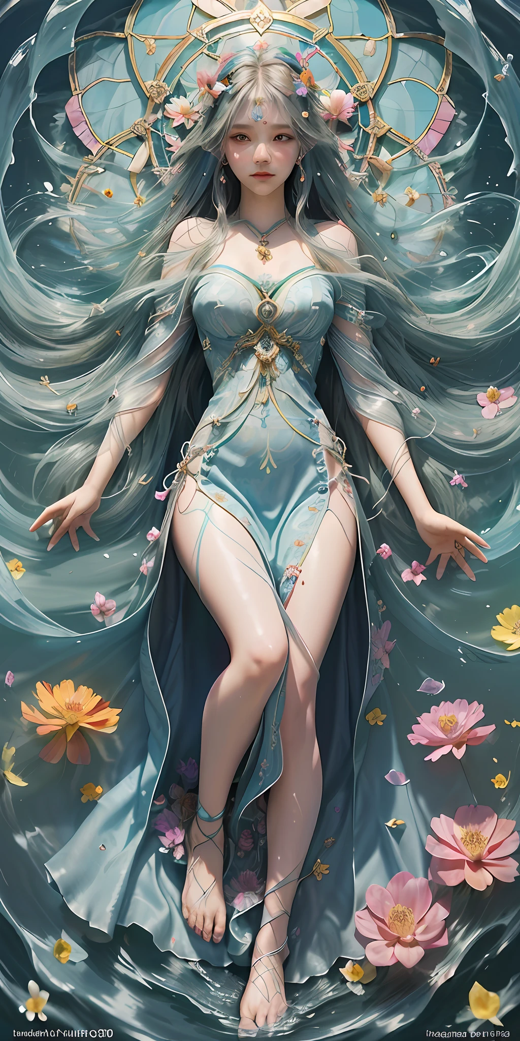 Girl, delicate facial makeup, flowing long hair, big thick legs + bare feet ((water toes + inverted image)), (PVC color long dress), (multi-colored long skirt), from above, (zen entanglement, mandala, tangled, tangled, flowers) (ethereal and sacred), stained glass, radiant colors, intricate patterns, glowing light, timeless artistry, creative experimentation