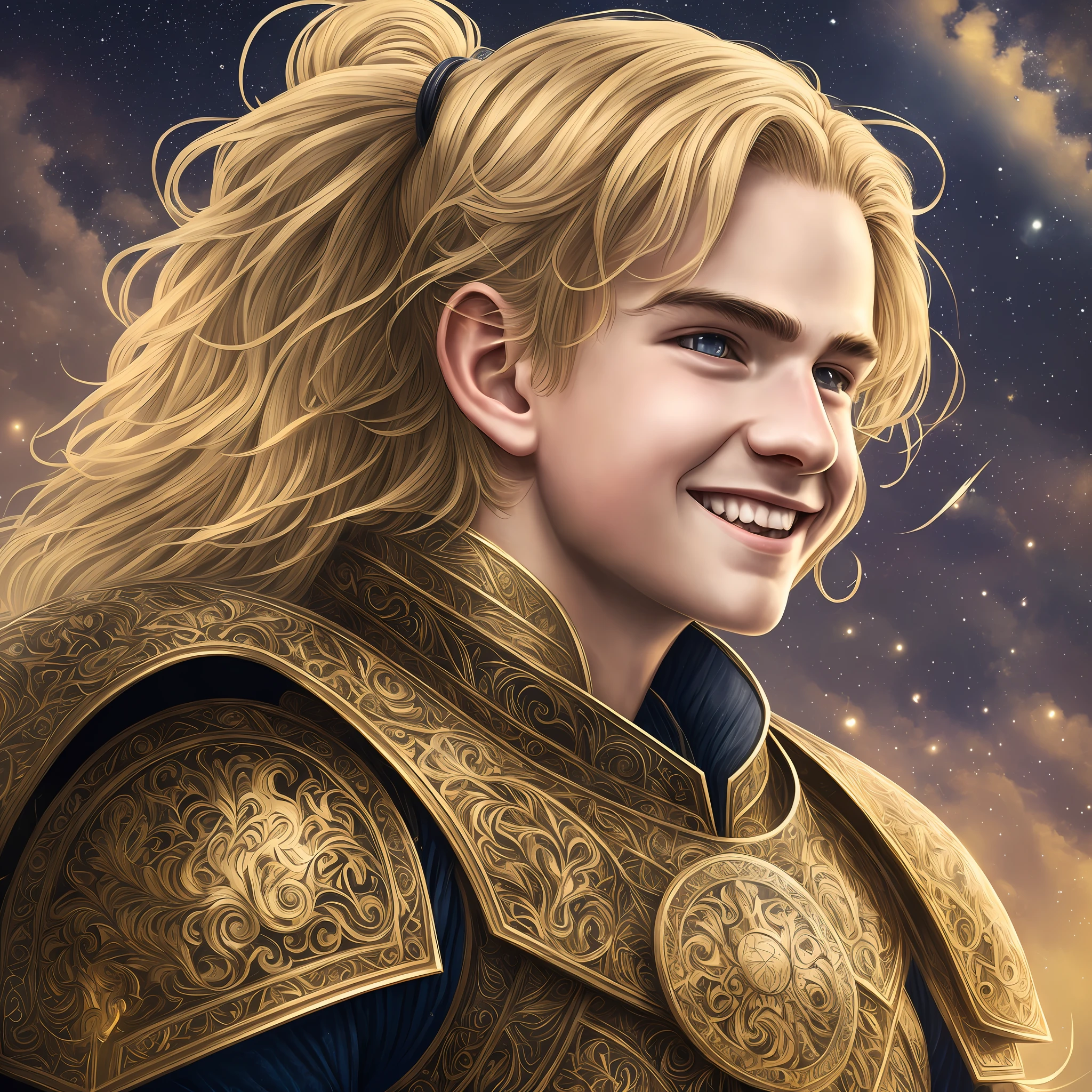((masterpiece,best quality,highest quality,illustration,intricate details)),1boy,smile, armor,golden hair,ponytail,
night,starry sky, depth of field, outdoors, --auto --s2
