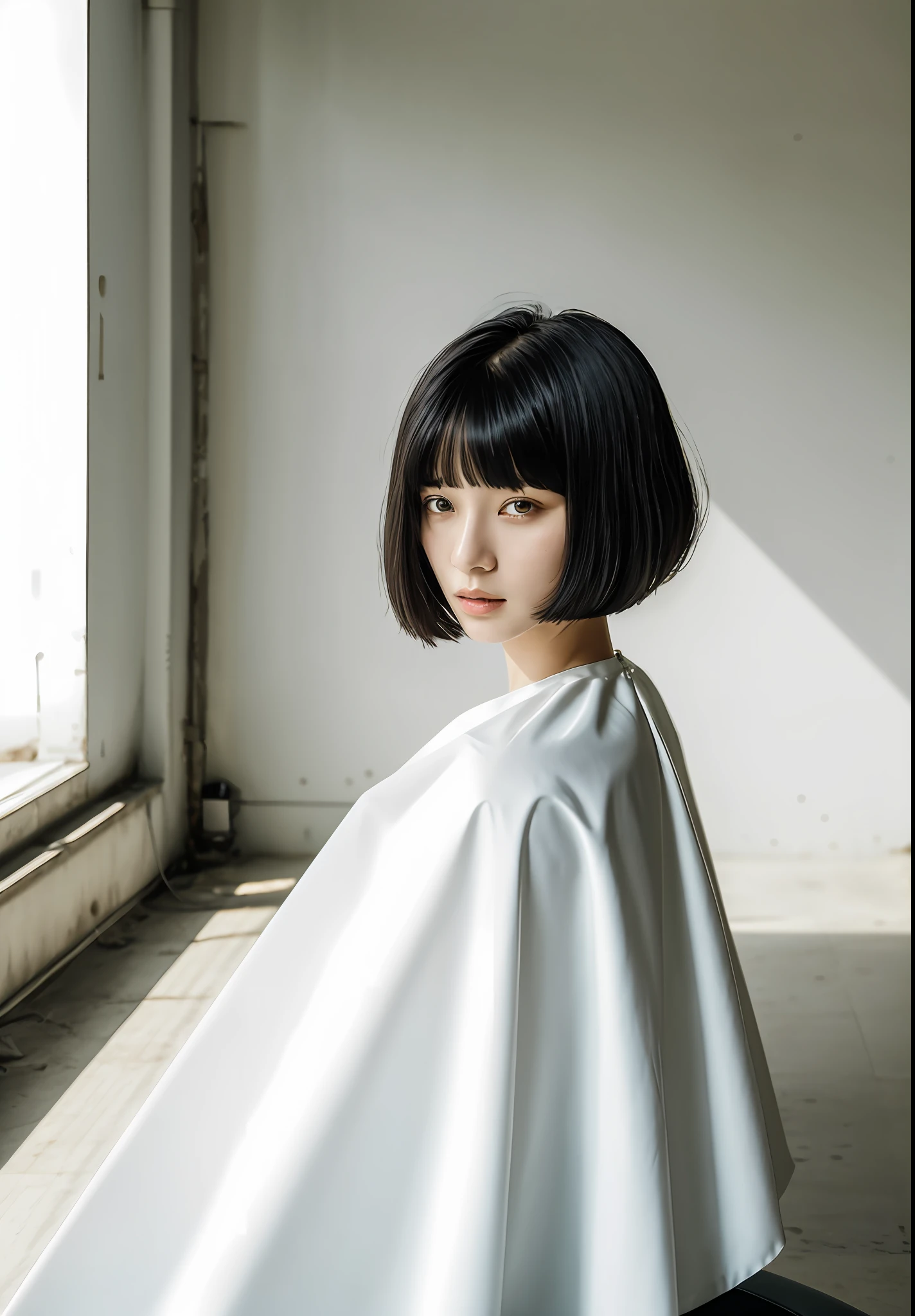 One girl, black hair, bangs, bob-cut hair, wearing a white cut cloth for haircut, sitting in a barber chair with her back straight, facing the front, inside an abandoned barber shop, gray concrete walls and floor, spiritual silence, transcendental tranquility, Absurdres, hdr, ultra-detailed illustration, highly detailed face, RAW photo, film grain, Deviantart trends, movie scenes, natural light