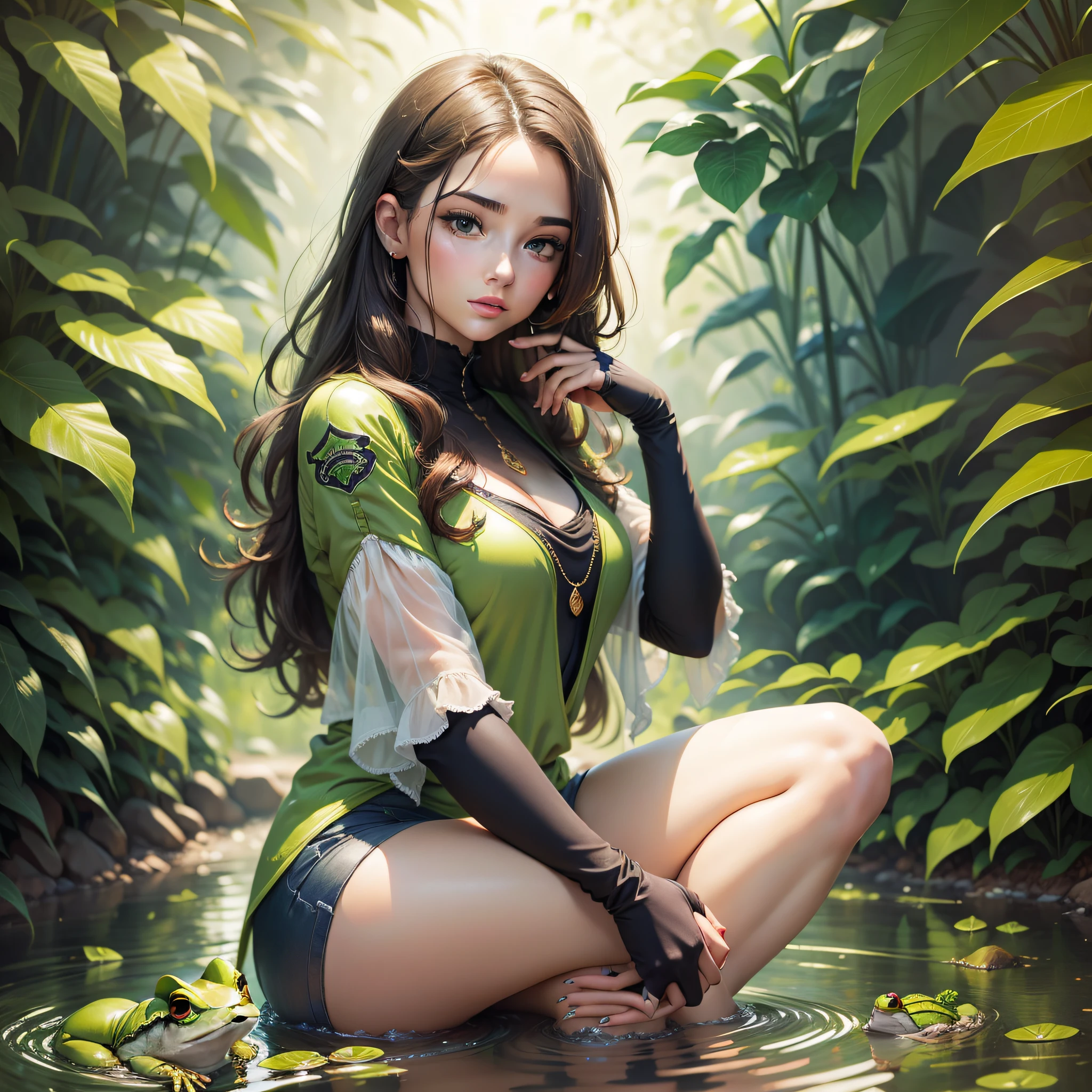 Beautiful young woman sitting under a frog