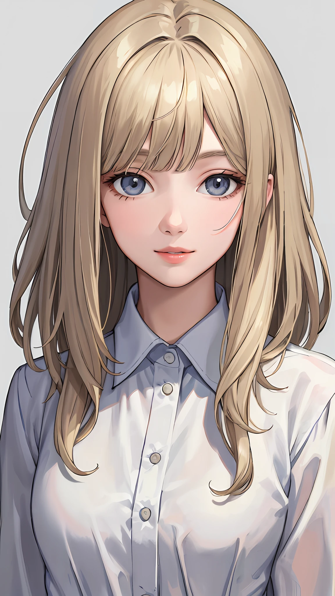(masterpiece:1.1), (best quality),(disheveled hair),(illustration), (1girl), realistic, adult, standing, portrait view, looking at viewer, facing forwards, close up, happy, (simple background),beautiful detailed eyes, delicate beautiful face, focus on face, white professional shirt, dark blonde hair, medium length hair, bangs, hair in face, wavy hair, superflat style, gray background