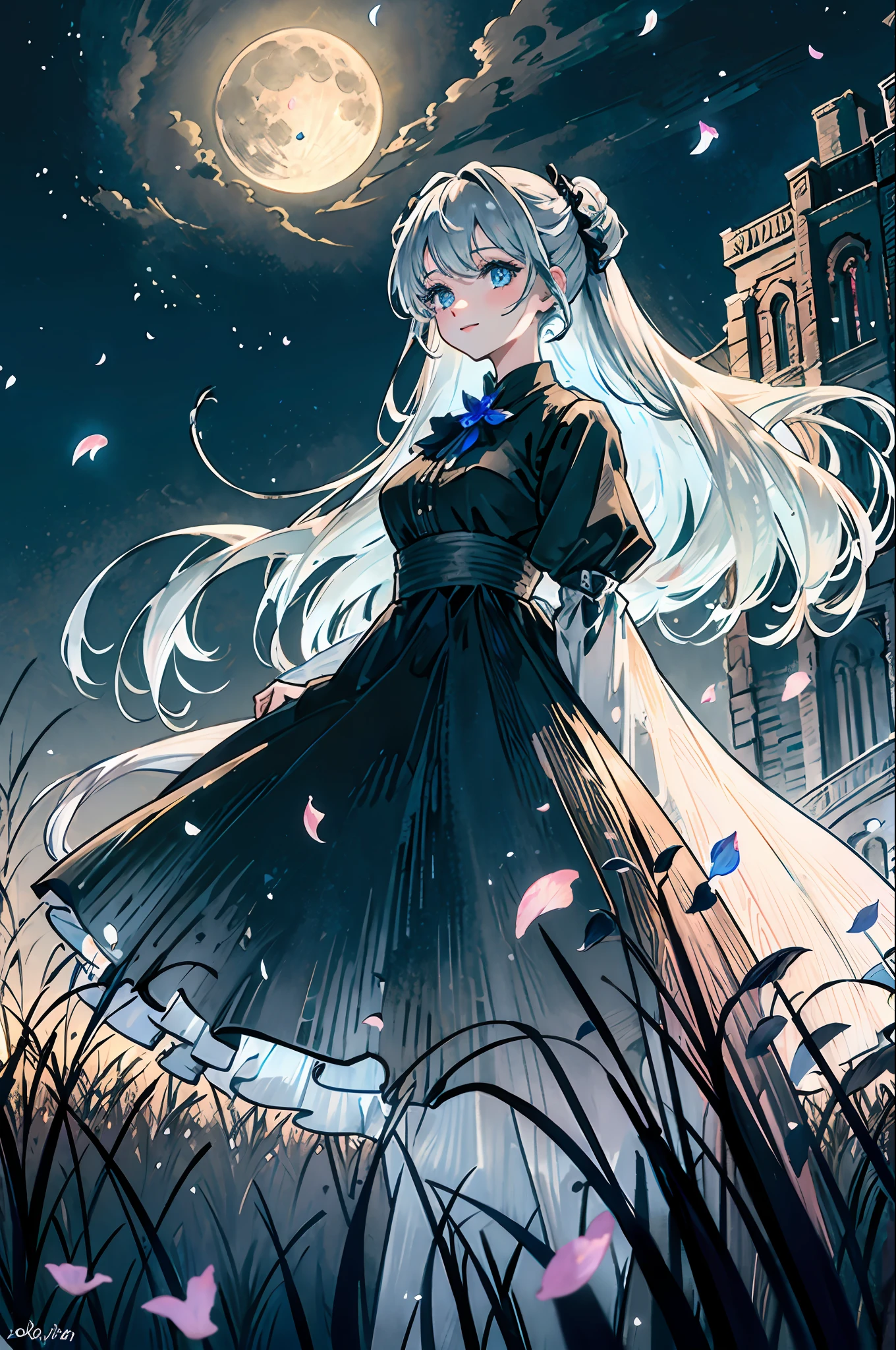 Masterpiece, best quality, 1girl, (color), (delicately beautiful eyes and delicate face), movie lighting, bust, very detailed CG unified 8k wallpaper, white hair, long hair, (updo), blue eyes, solo, smile, complex skirt, ((flying petals)), (Flowery meadow) sky, cloudy_sky, building, moonlight, moon, night, (dark theme:1.3), light, fantasy,