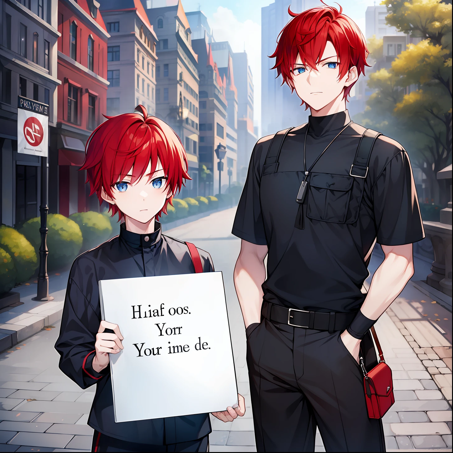 Young man, serius face, red hair, short hair, dark blue eyes, detailed. Baggy clothes, black shirt, black work gloves, blue pants, detailed. He holding a blank sign is inside a nice park.