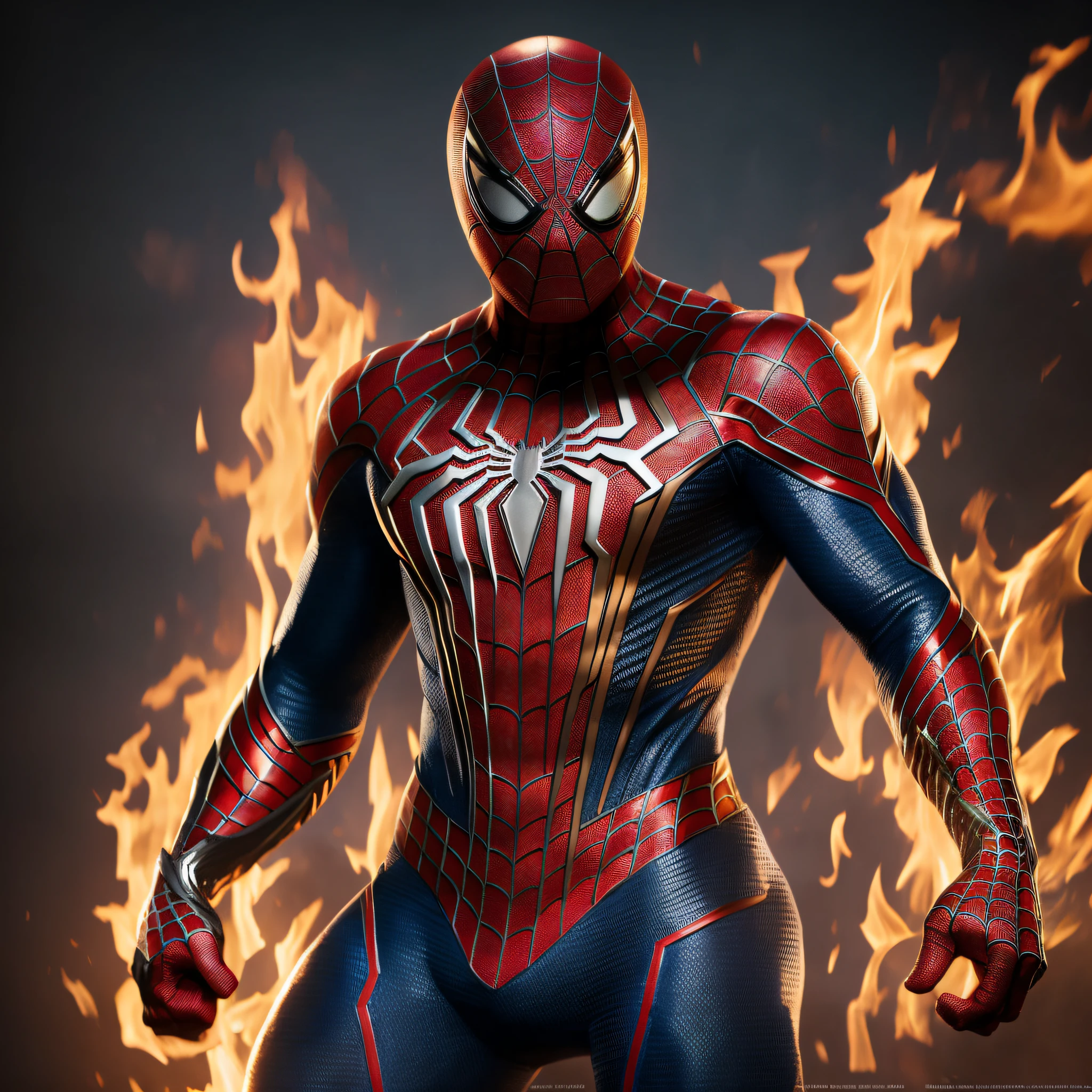 Spider-Man, with black armor, with fire web (high quality and realism) extremely detailed 4K, masterpiece, superior quality, high resolution, solo,