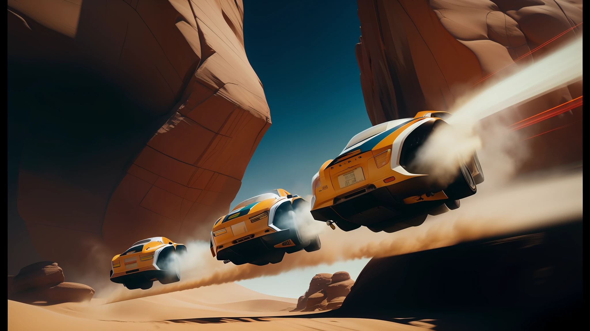 there are two vehicles that are driving through the desert, 2 0 2 1 cinematic 4 k framegrab, cedric peyranavernay, racers, by Ryan Yee, colourful movie art, beautiful 3 d rendering, floating vehicles, speed racer, 4k hdr hyper realistic high, by Frederik Vermehren, phobos