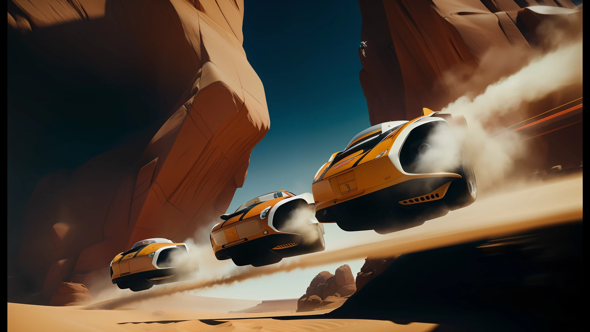 there are two vehicles that are driving through the desert, 2 0 2 1 cinematic 4 k framegrab, cedric peyranavernay, racers, by Ryan Yee, colourful movie art, beautiful 3 d rendering, floating vehicles, speed racer, 4k hdr hyper realistic high, by Frederik Vermehren, phobos