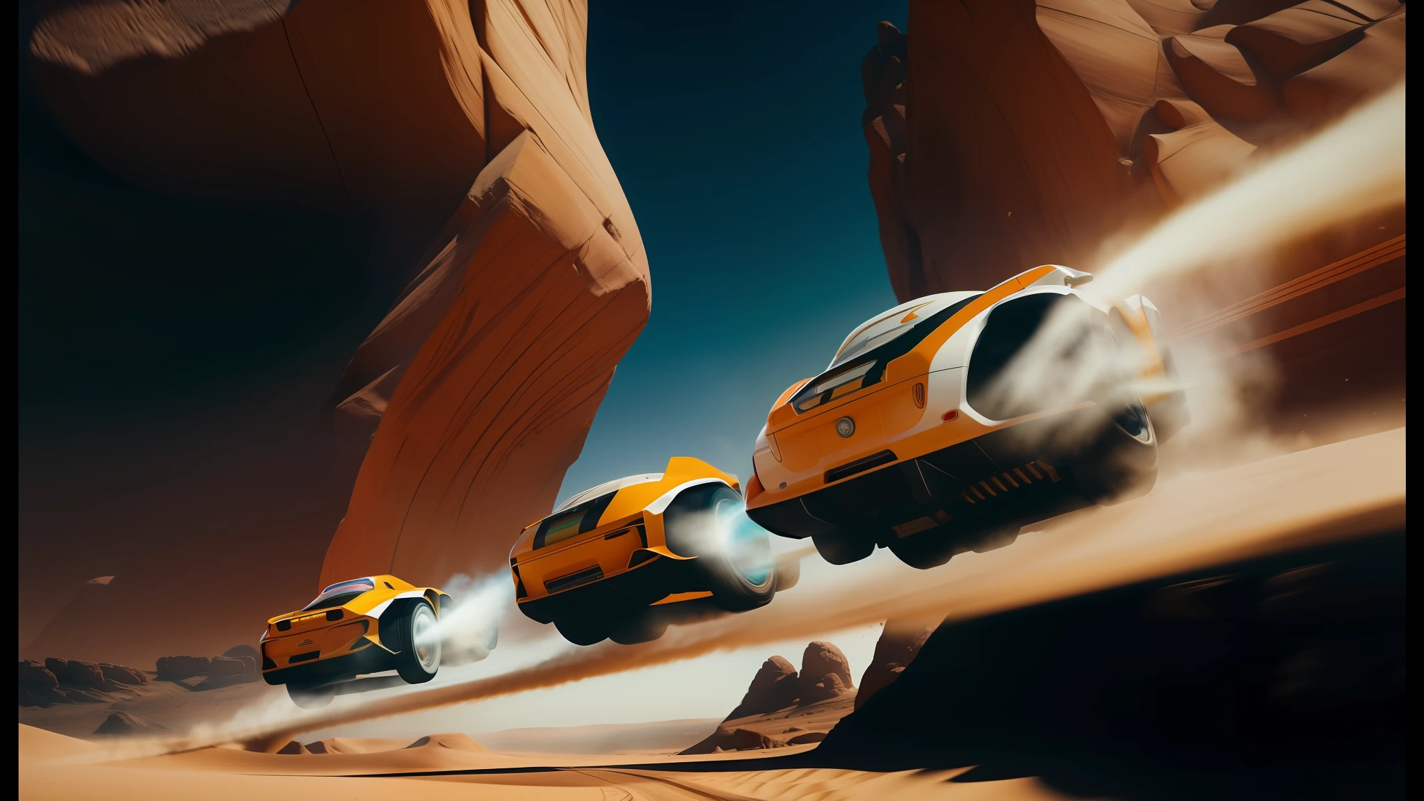 there are two vehicles that are driving through the desert, 2 0 2 1 cinematic 4 k framegrab, cedric peyranavernay, racers, by Ryan Yee, colourful movie art, beautiful 3 d rendering, floating vehicles, speed racer, 4k hdr hyper realistic high, by Frederik Vermehren, phobos