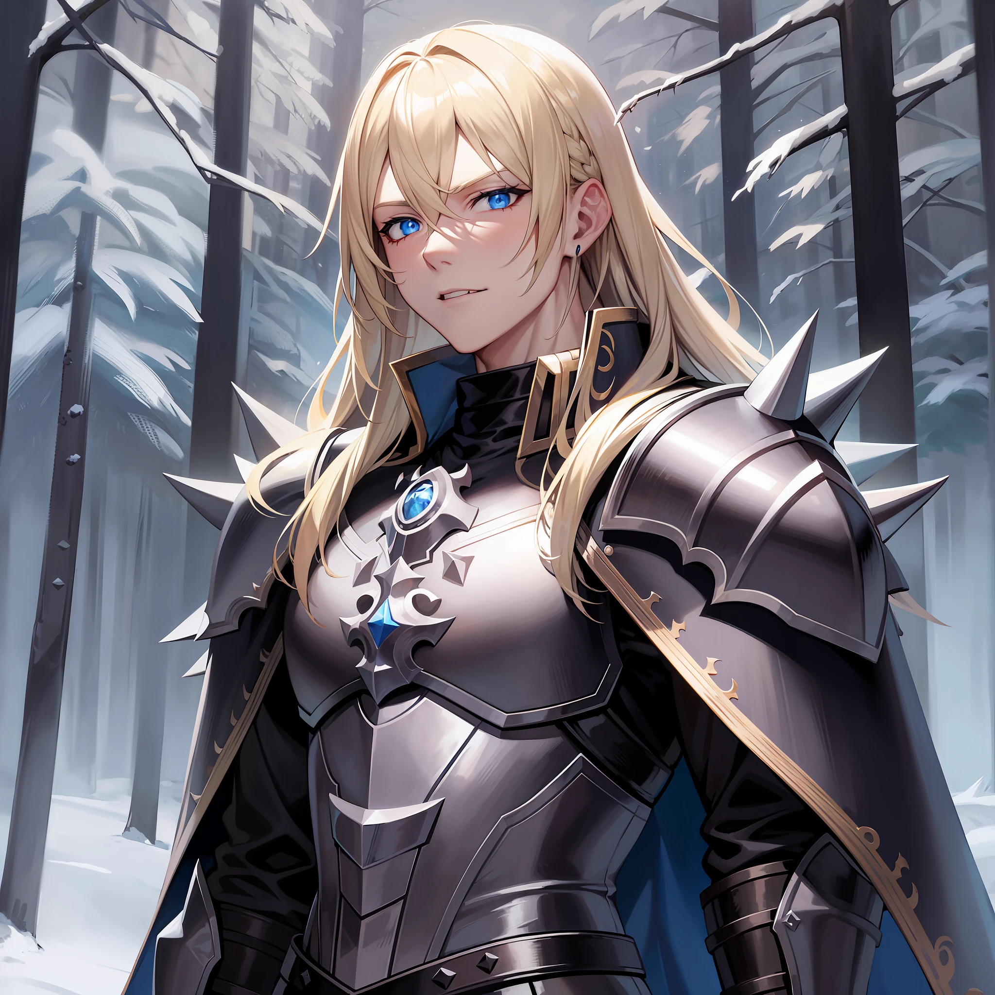 Muscular, man, blue eyes, blonde long hair, pale skin, cape, vampire collar , black dragon armor, spiky shoulders,black clothes ,in the snowy forest, solo, cowboy shot, masterpiece