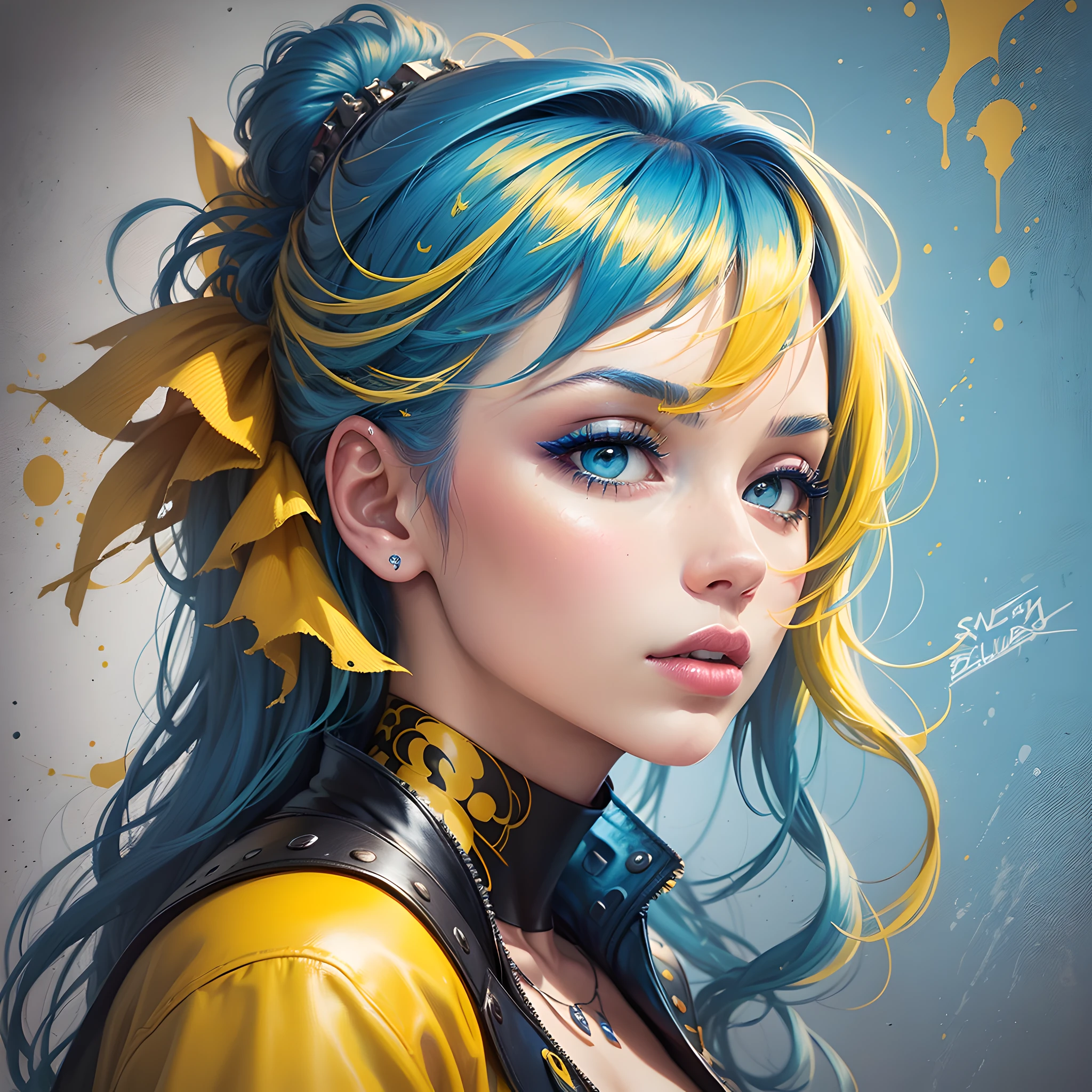 (masterpiece, best quality),a beautiful woman, made up lips, illustration, punk, cd cover art, (((blue and yellow))) , portrait , blue background , yellow splashes ,graffiti, --auto --s2