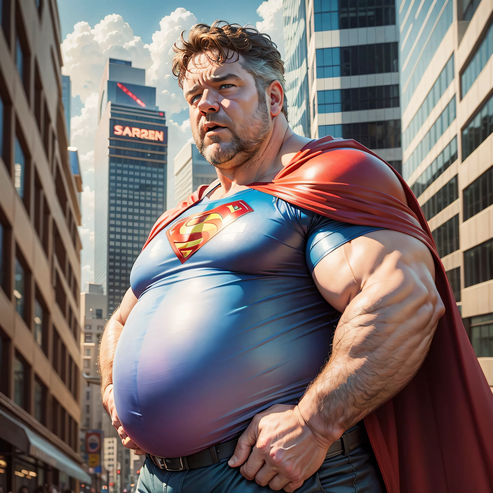 Hero, Overweight fat, Russell Crowe wearing superman outfit. city of Los Angeles, ultra detailed --auto --s2