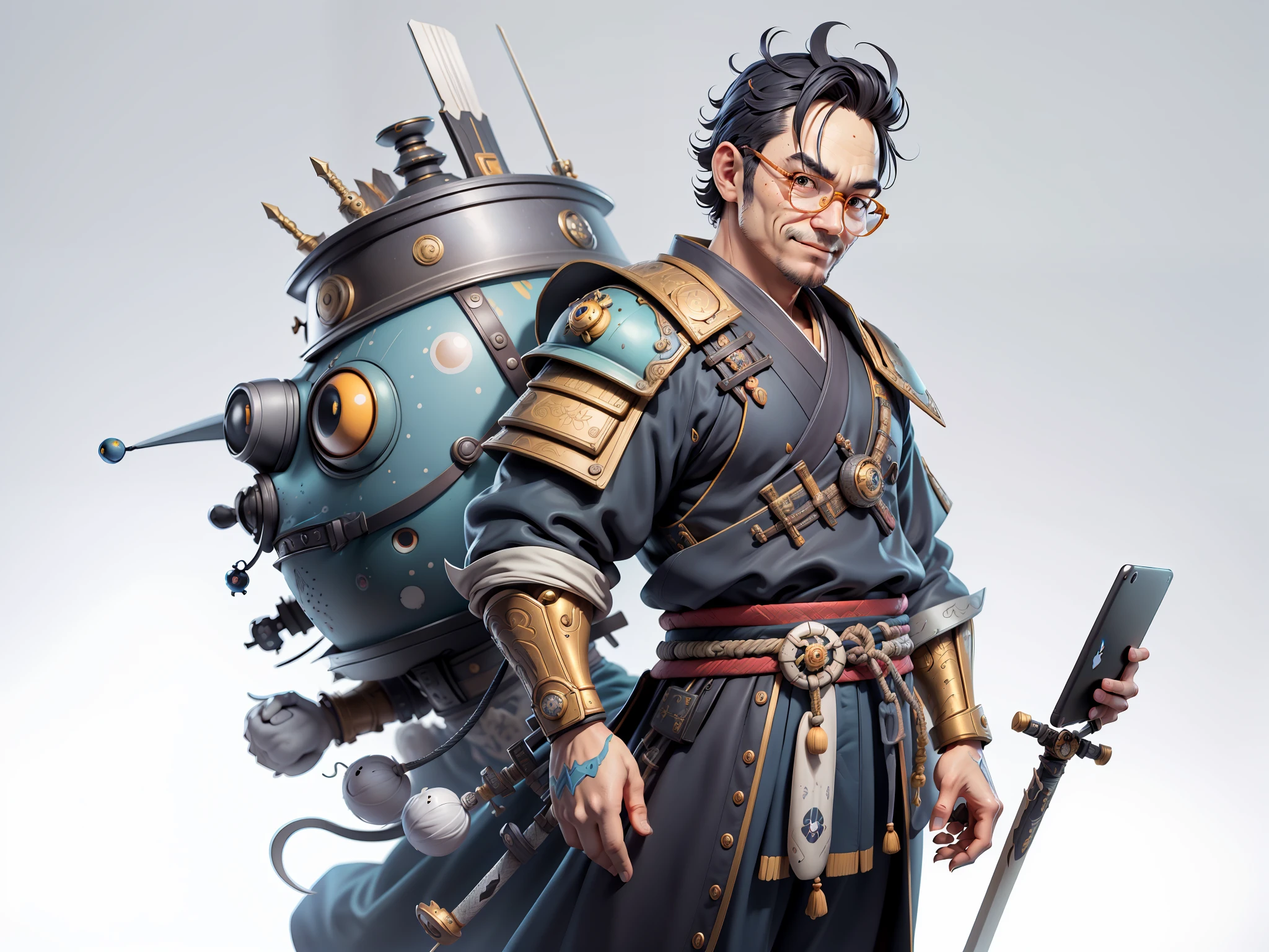 (Masterpiece), (Excellent), (Super Meticulous), (Full Body: 1.2), Super Young Man, Oriental Face, Japanese Samurai, Japanese Samurai Armour, Tengu, TV Anchor, Bust Portrait Illustration, Alone, Black Suit, Blue Tie, Silver Glasses, Slightly Chubby Face, Very Clean Face, No Beard, Black Super Short Hair, Black Eyes, Confident Smile, 3c Computer Sub-Products, iPad, iPhone, Digital Painting, 3D Character Design by Mark Claireden and Pixar and Hayao Miyazaki, The illustration is a high-definition illustration in 4K resolution with very detailed facial features and cartoon-style visuals.